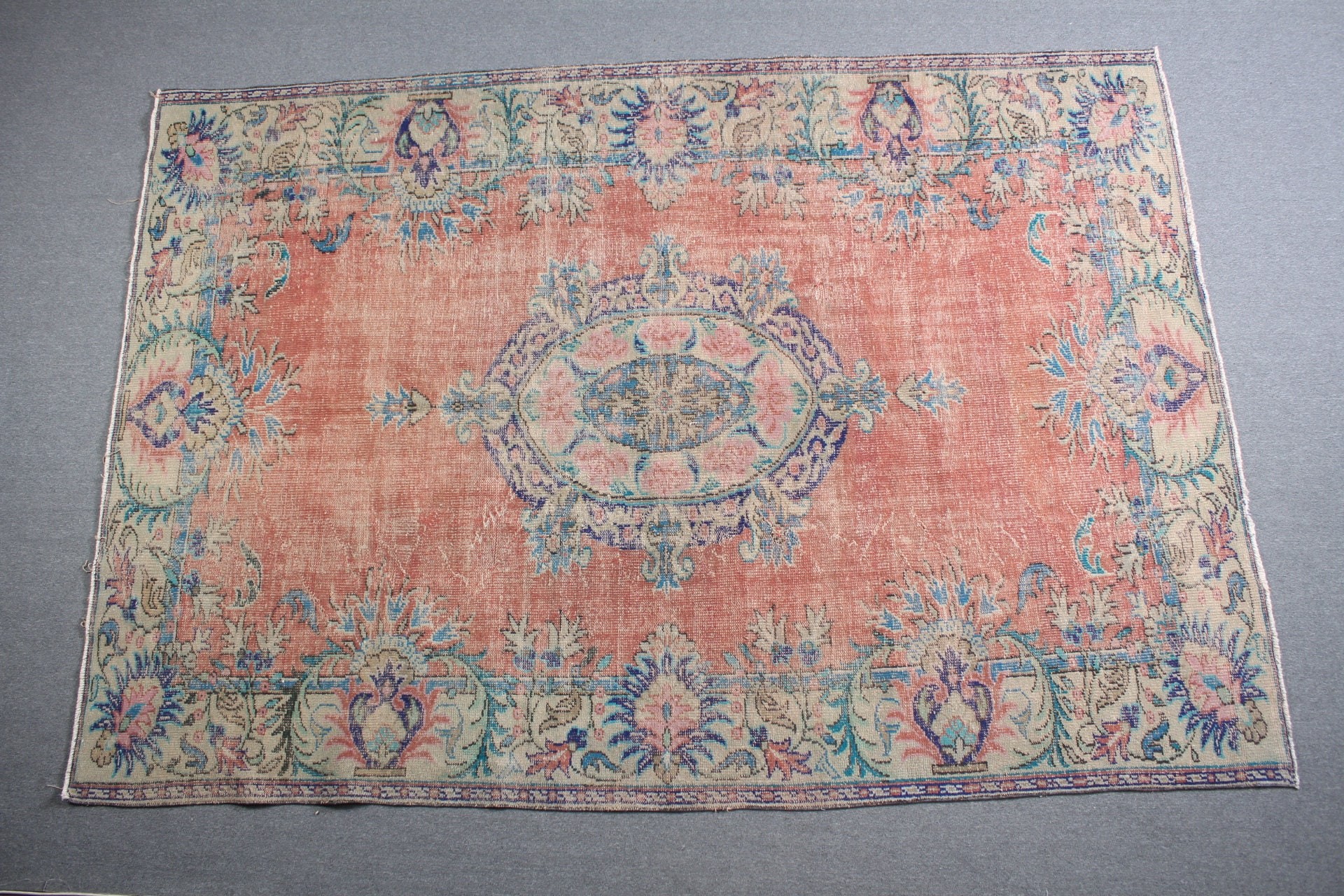 Vintage Rug, Orange Bedroom Rug, Dining Room Rug, Bedroom Rug, Turkish Rug, Salon Rug, 7.3x10.5 ft Oversize Rug, Natural Rugs, Oushak Rug