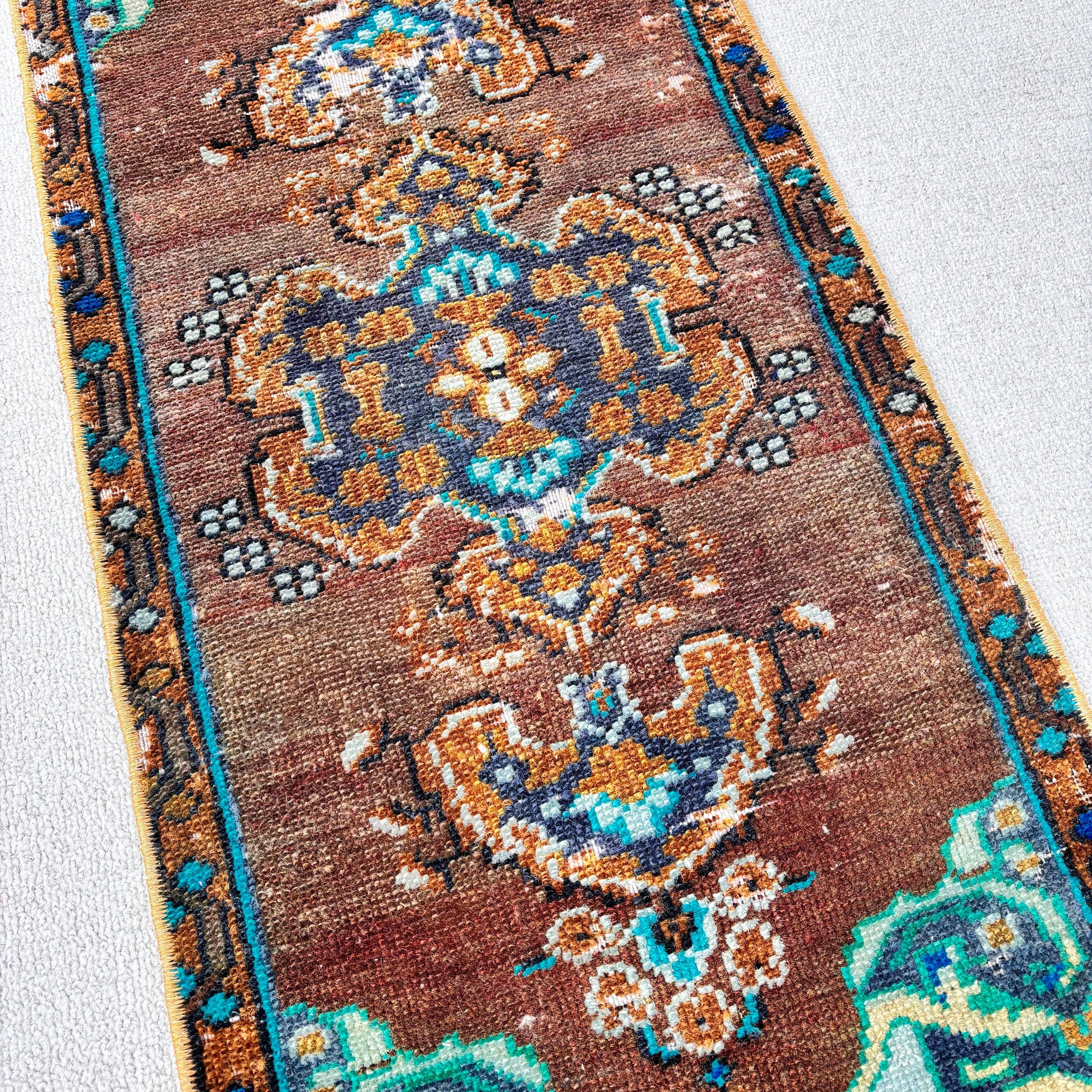 Vintage Rugs, Brown Oushak Rug, Oushak Rugs, Turkish Rug, Oriental Rug, 1.3x3.3 ft Small Rug, Cute Bath Mat Rug, Kitchen Rugs, Car Mat Rugs