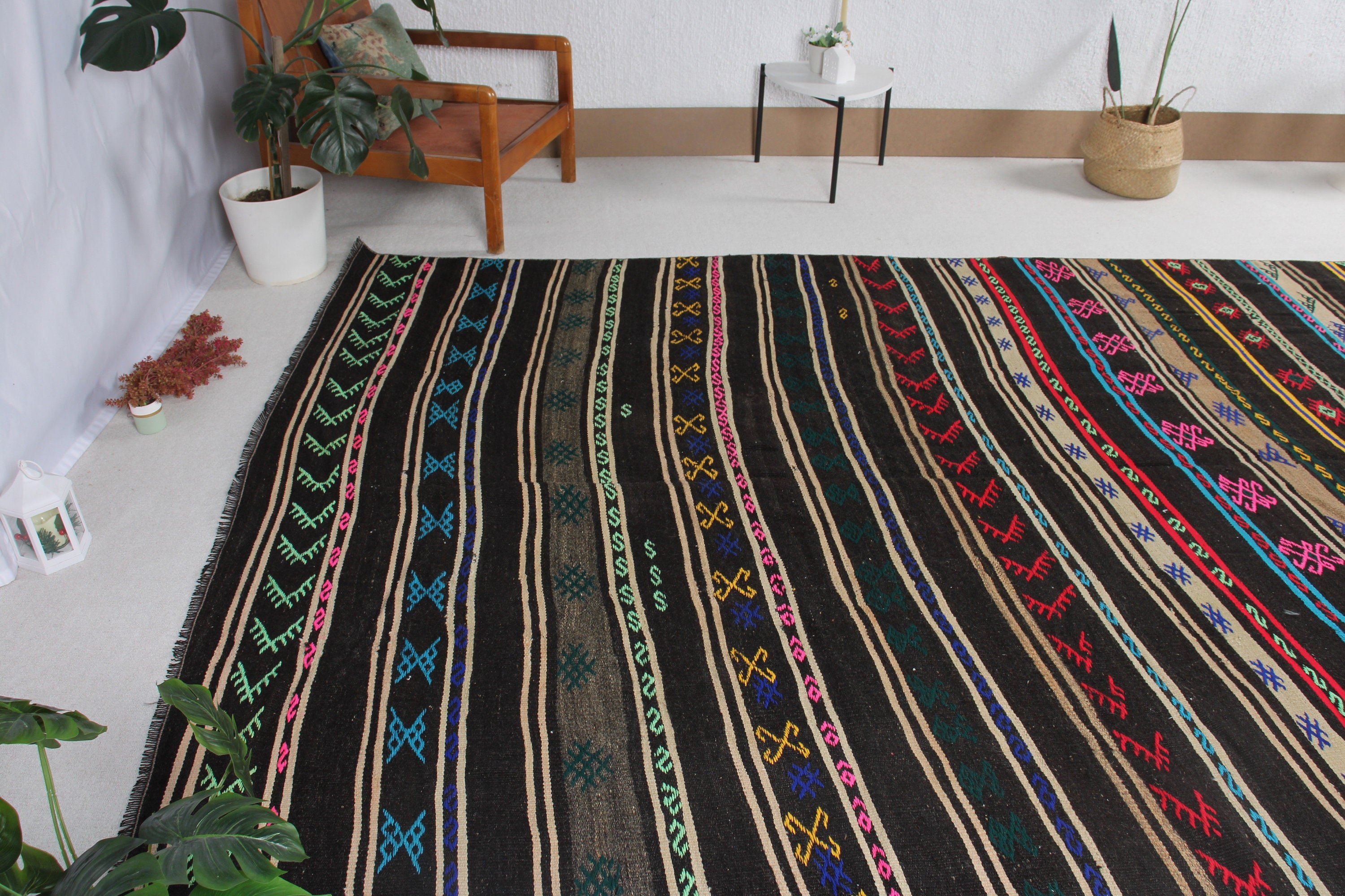 Vintage Halılar, Salon Halıları, Kilim, 6.8x13.7 ft Büyük Boy Halılar, Türk Halısı, Siyah El Dokuma Halısı, Oturma Odası Halıları, Oushak Halısı, Anadolu Halısı