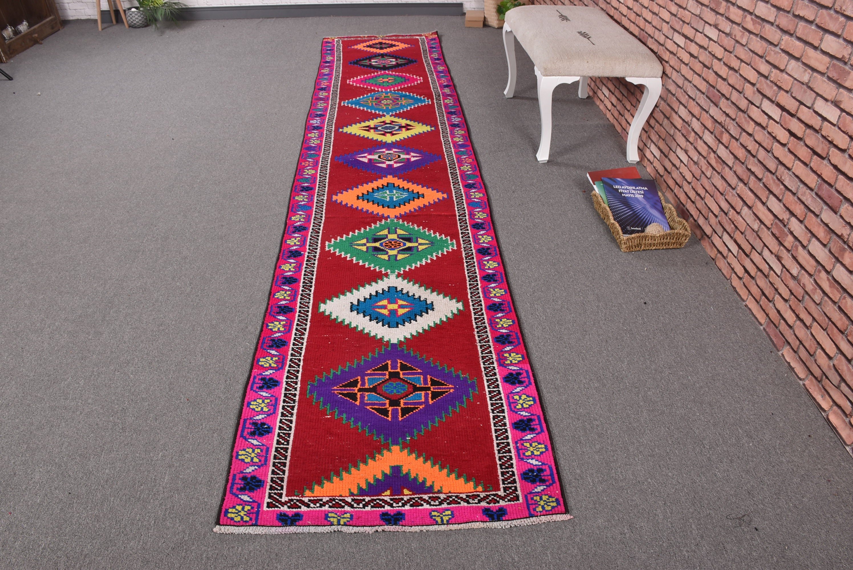 Türk Halısı, Geometrik Halılar, Vintage Yolluk Halısı, Lüks Halılar, Vintage Halı, Kırmızı Boho Halıları, Uzun Yolluk Halısı, 2.6x12.7 ft Yolluk Halısı