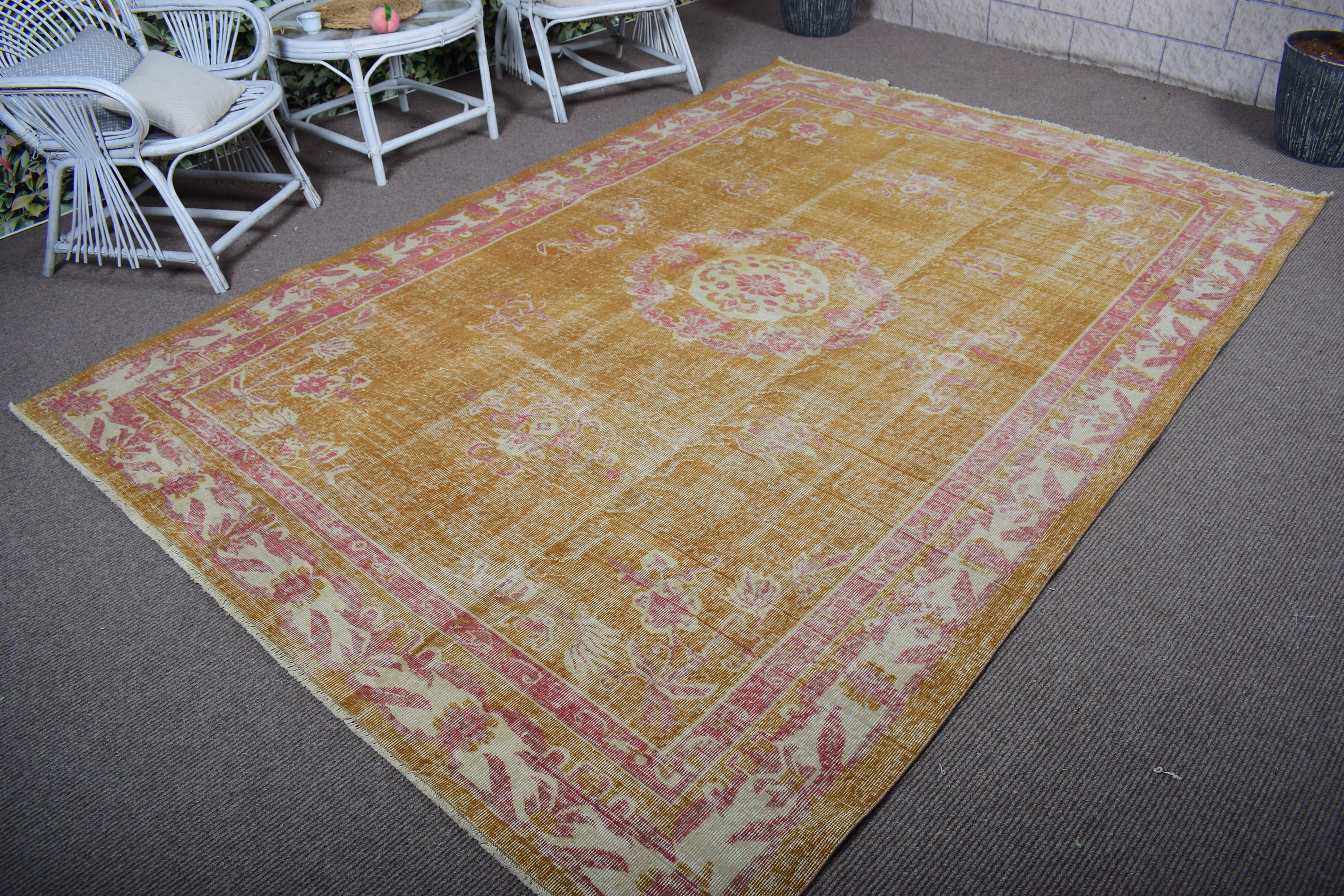 Turkish Rug, Yellow Antique Rug, Modern Rug, Large Oushak Rug, 6.6x9.7 ft Large Rug, Vintage Rug, Anatolian Rugs, Living Room Rugs