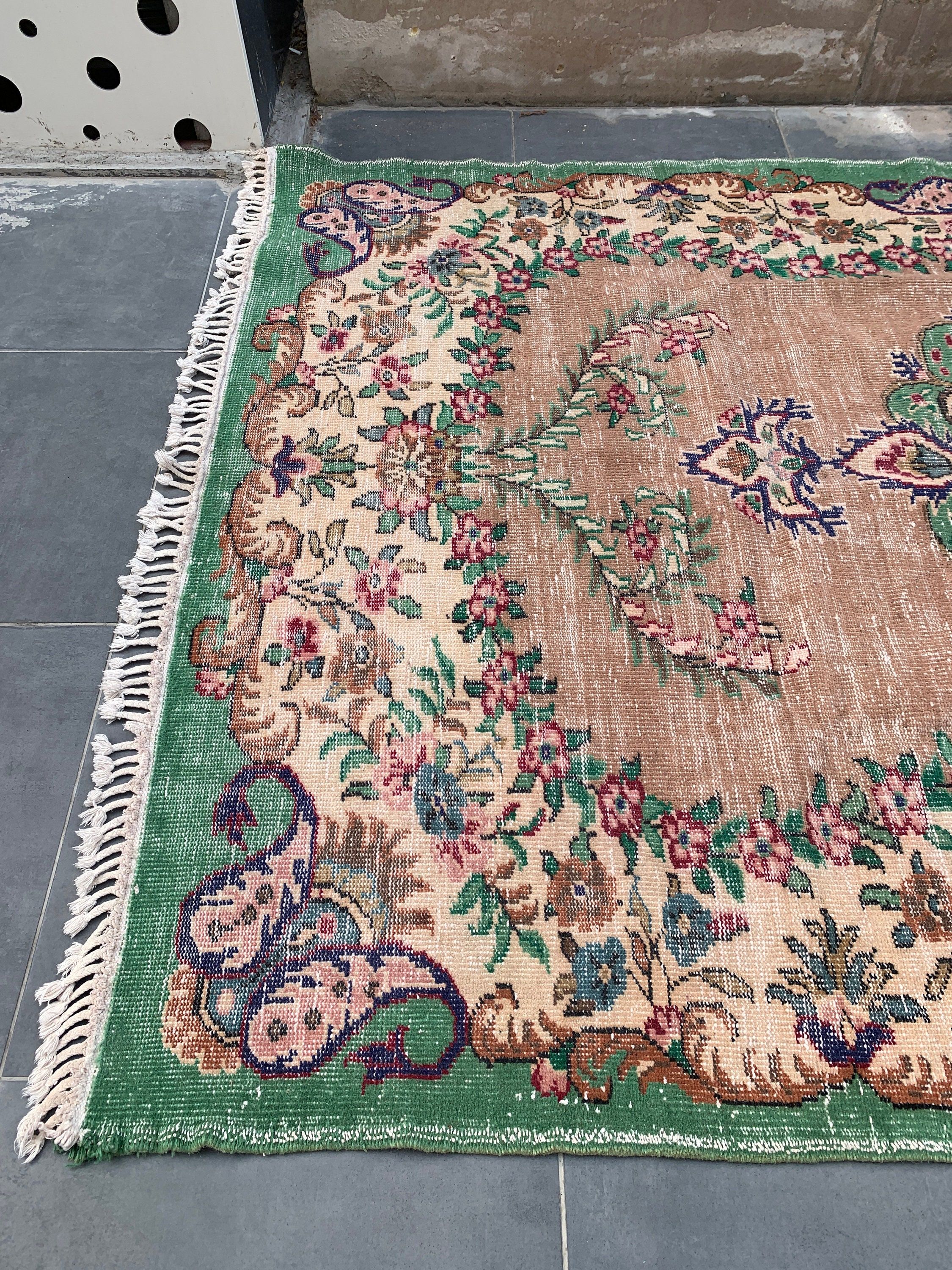 Mutfak Halıları, Vintage Halı, Türk Halısı, Bej Anadolu Halısı, Yemek Odası Halıları, 6.5x9.5 ft Büyük Halı, Salon Halısı, Oryantal Halı, Parlak Halılar