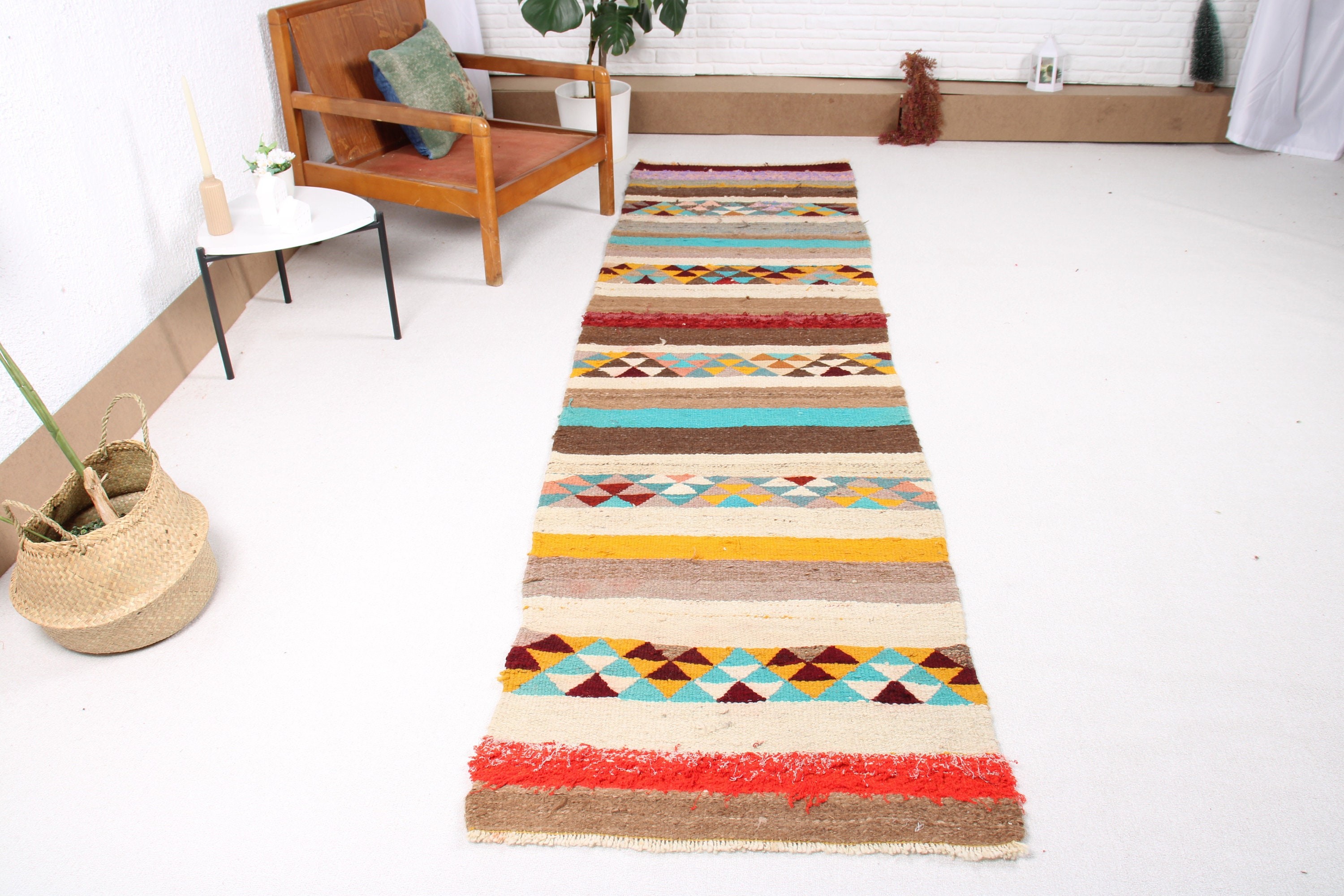 Modern Halı, Bej Geometrik Halı, Merdiven Halısı, Vintage Halı, Türk Halısı, 2.7x9.7 ft Runner Halısı, Kilim, Koridor Halısı, Ev Dekor Halısı, Yer Halısı