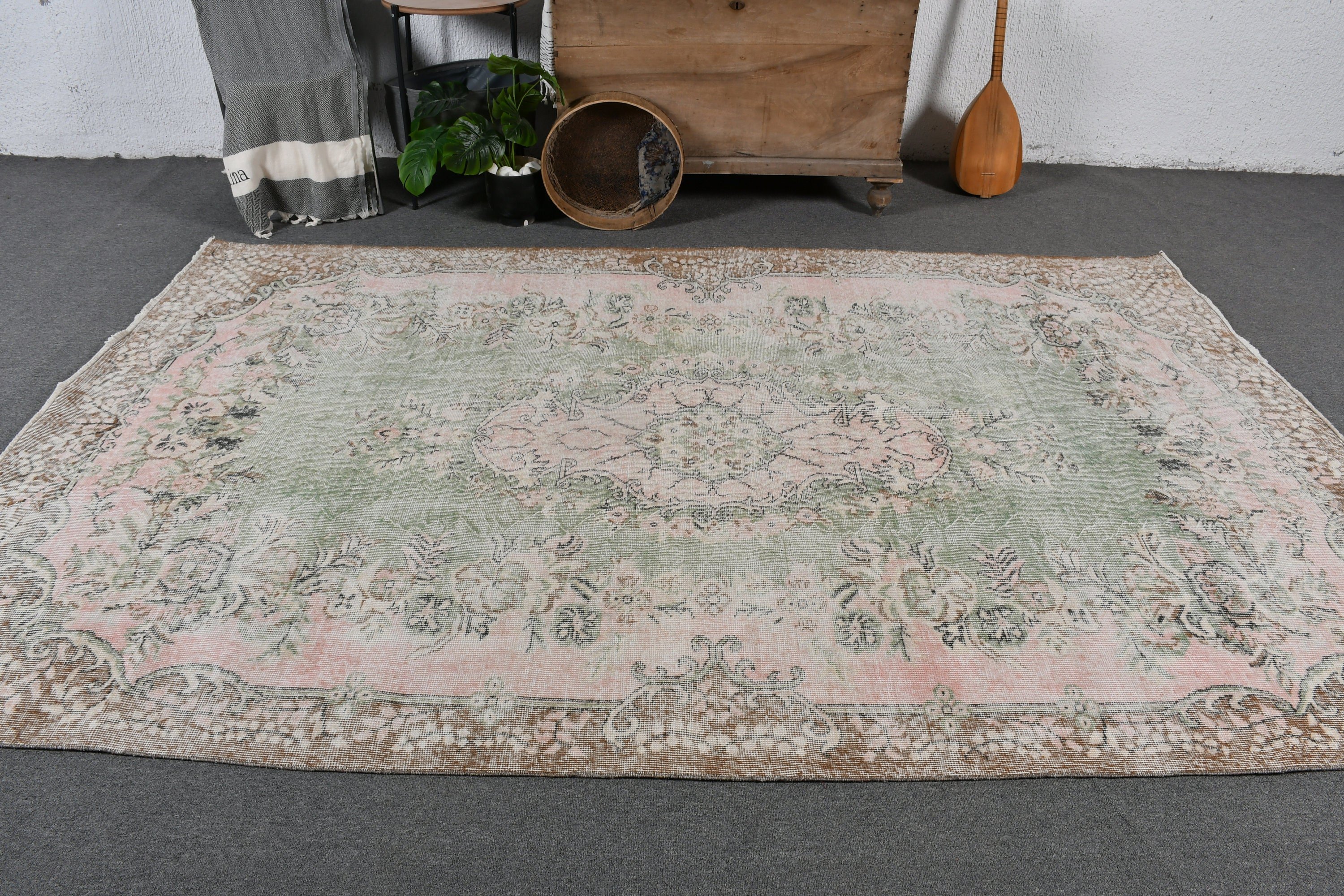 Türk Halısı, Organik Halı, Oturma Odası Halısı, Fas Halısı, Vintage Halı, Eski Halı, Oushak Halısı, Salon Halıları, 5,9x9,3 ft Büyük Halı, Yeşil Yün Halı