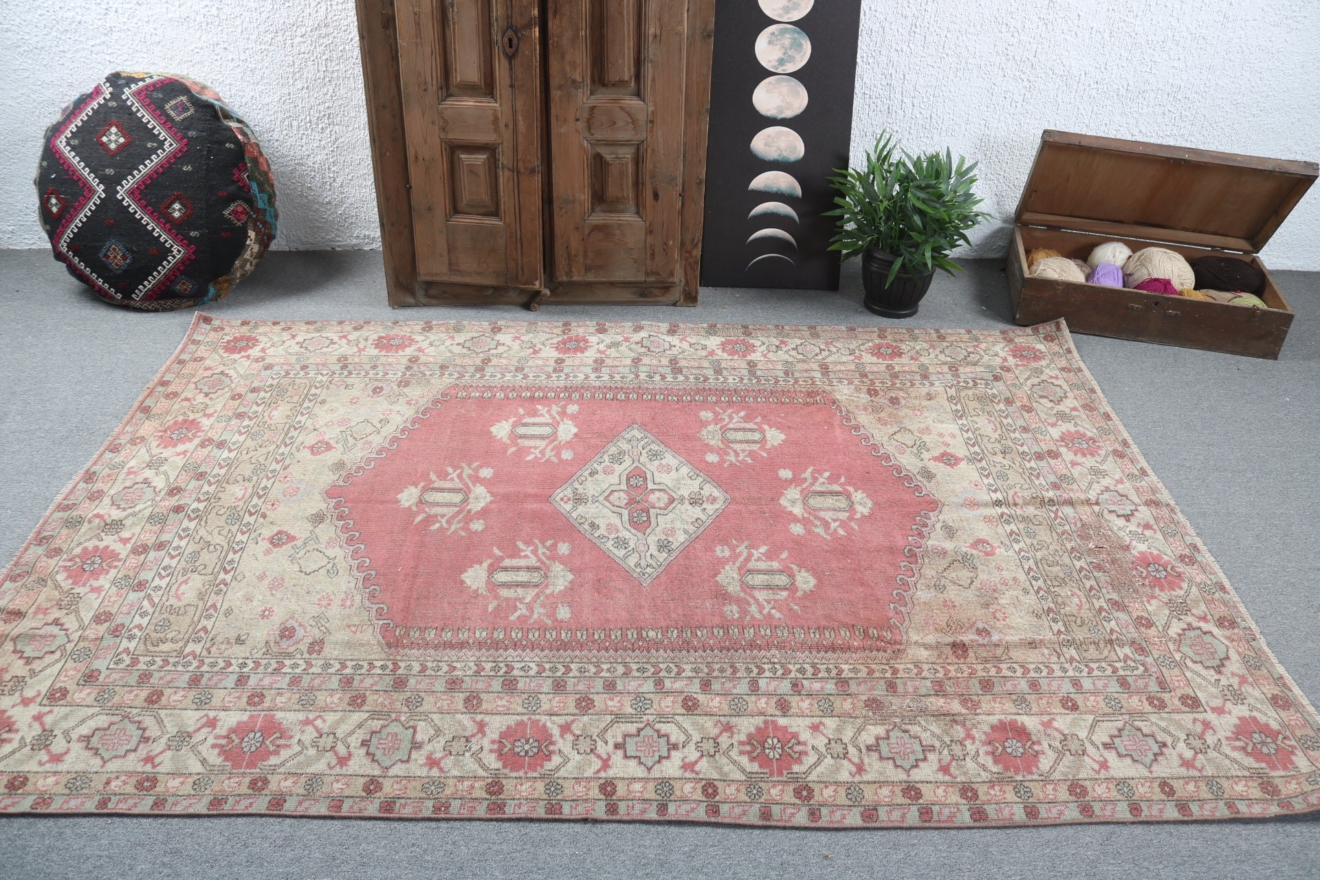 Vintage Halı, 5.3x7.8 ft Büyük Halılar, Ofis Halıları, Büyük Boho Halıları, Düz Dokuma Halı, Boho Halıları, Kırmızı Lüks Halılar, Türk Halısı, Büyük Oushak Halıları