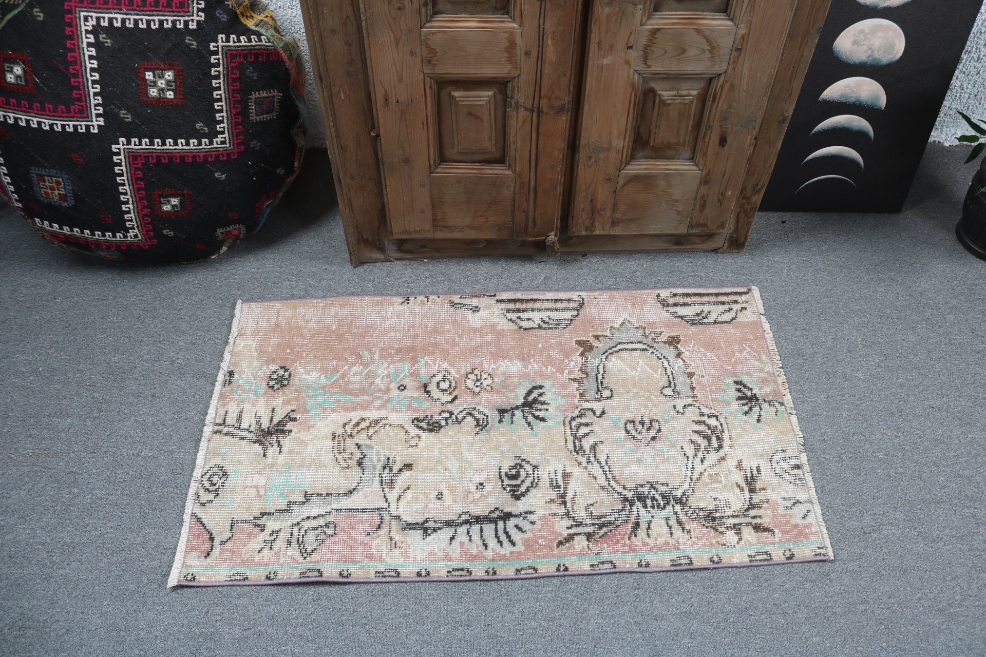 Küçük Boho Halı, Mutfak Halısı, Düz Dokuma Halı, Vintage Halı, Pembe 2x3,6 ft Küçük Halılar, Türkiye Halıları, Geometrik Halılar, Türk Halısı