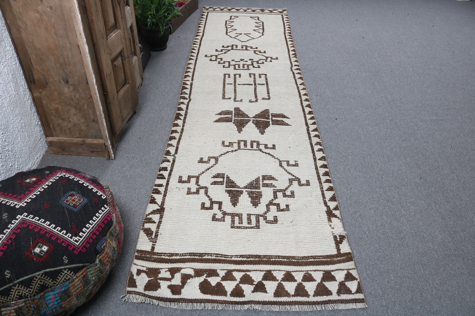 Türk Halıları, Vintage Halı, Bej 3x10.9 ft Runner Halı, Mutfak Halıları, Türkiye Halısı, Yer Halısı, Vintage Runner Halısı, Oryantal Halı