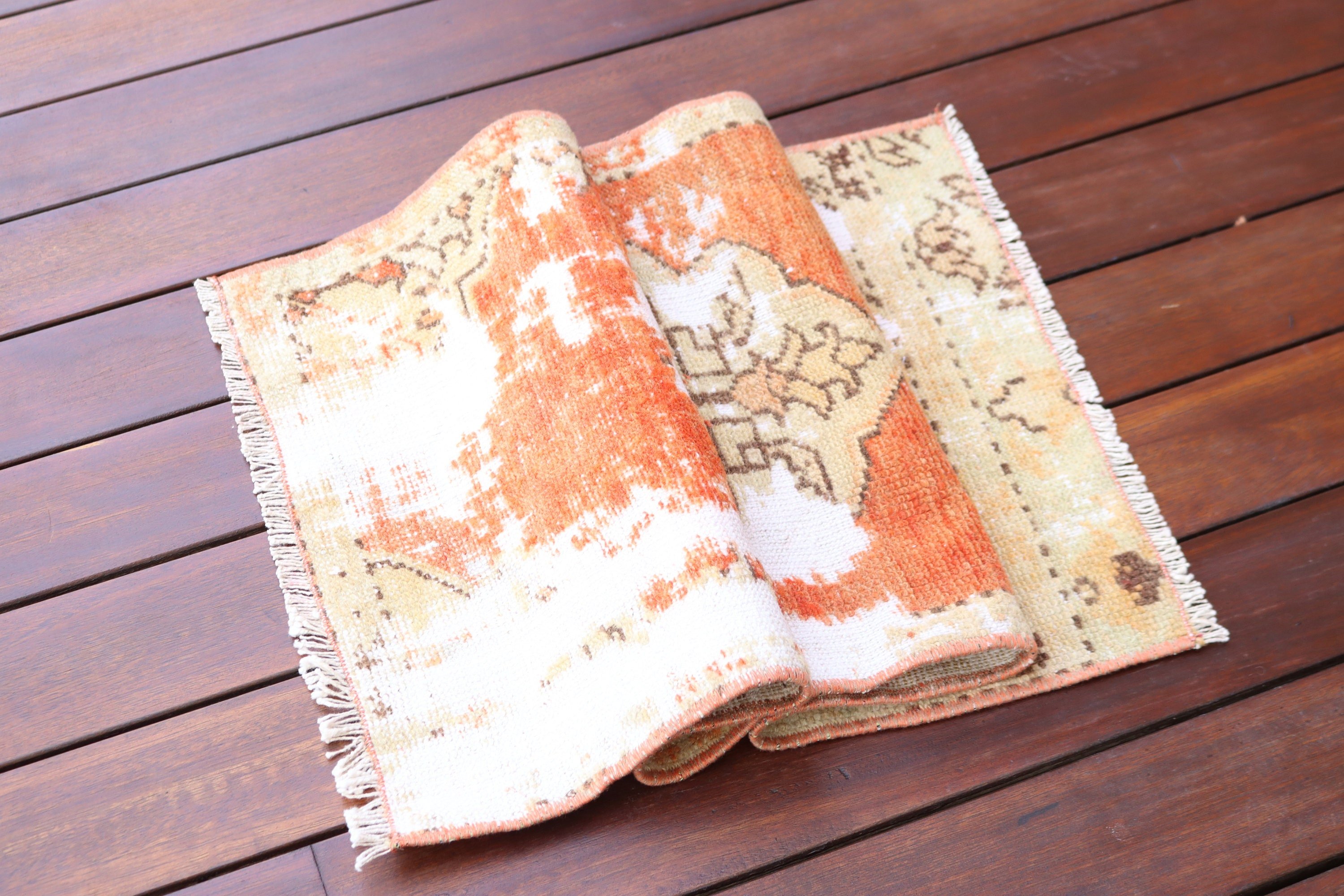 Vintage Rugs, Bath Rug, Orange Neutral Rugs, Wool Bath Mat Rug, Oushak Rugs, Turkish Rug, Car Mat Rugs, Bedroom Rugs, 1.3x3.2 ft Small Rugs