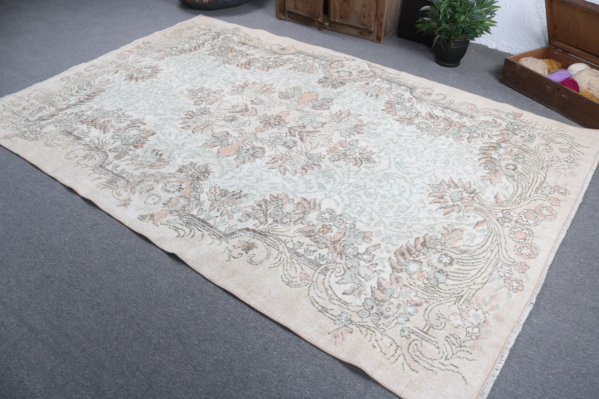 Boho Rugs, Rugs for Large Oushak, Bedroom Rug, Wool Rugs, Turkish Rugs, Vintage Rug, Large Vintage Rug, 6x9.2 ft Large Rug, Beige Cool Rugs