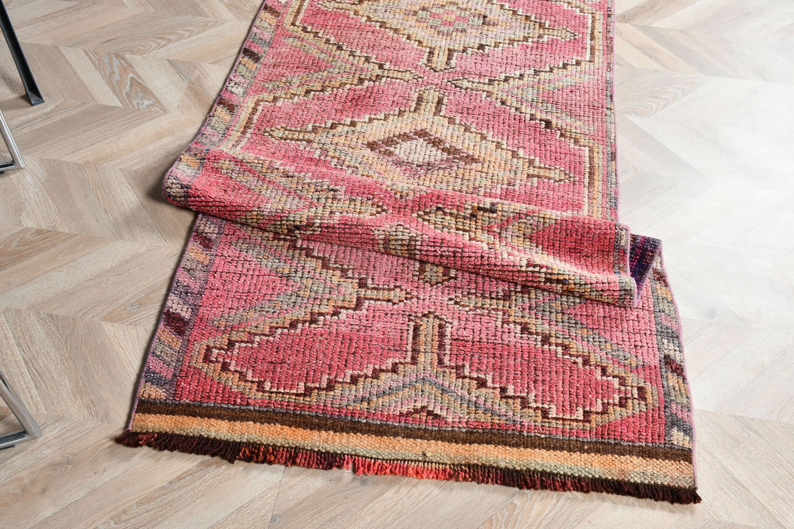 Turkish Rug, 3x10.7 ft Runner Rug, Wool Rugs, Vintage Rug, Pink Oushak Rug, Stair Rug, Rugs for Kitchen, Antique Rugs, Farmhouse Decor Rug