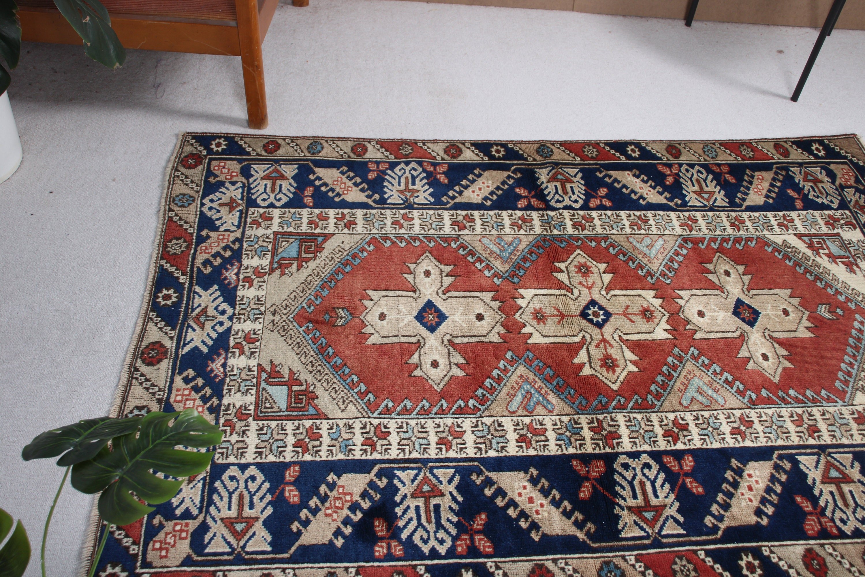 Vintage Vurgulu Halılar, Kırmızı Yün Halılar, Dekoratif Halı, Türk Halısı, Lüks Halı, 3.9x5.9 ft Vurgulu Halılar, Vintage Halılar, Yün Halı