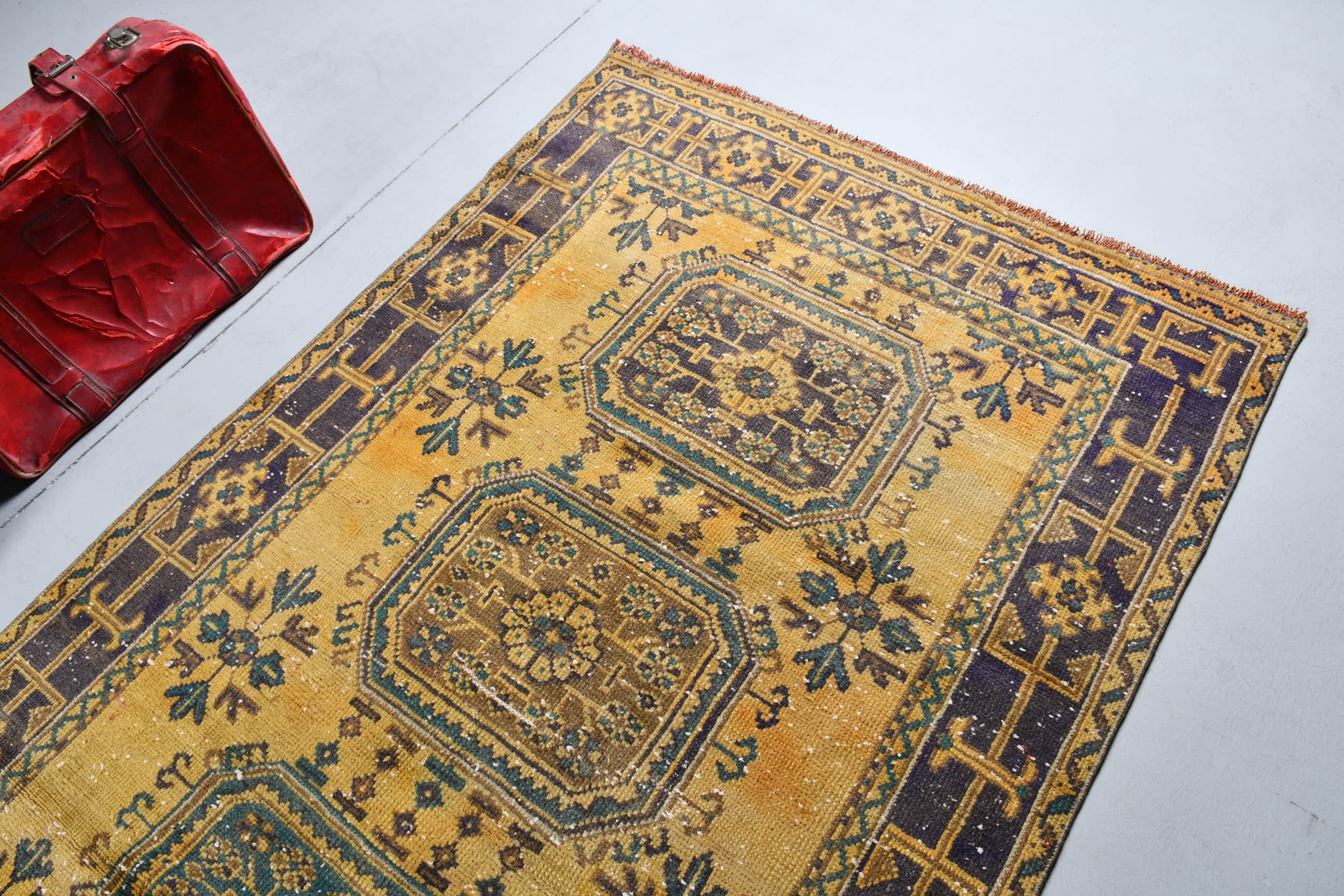 Antique Rugs, Wool Rug, Old Rug, Turkish Rug, 4.4x10.2 ft Large Rug, Yellow Home Decor Rug, Living Room Rug, Salon Rugs, Vintage Rug