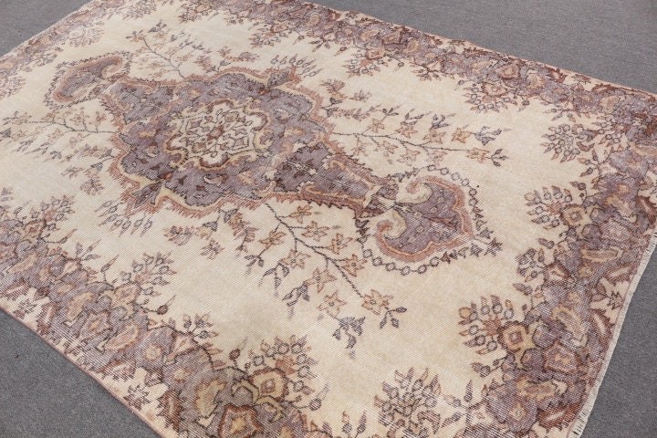 Salon Halısı, Oushak Halısı, Türk Halıları, Salon Halıları, Yemek Odası Halısı, 6.3x9.6 ft Büyük Halı, Vintage Halı, Bej Antika Halı, Anadolu Halısı