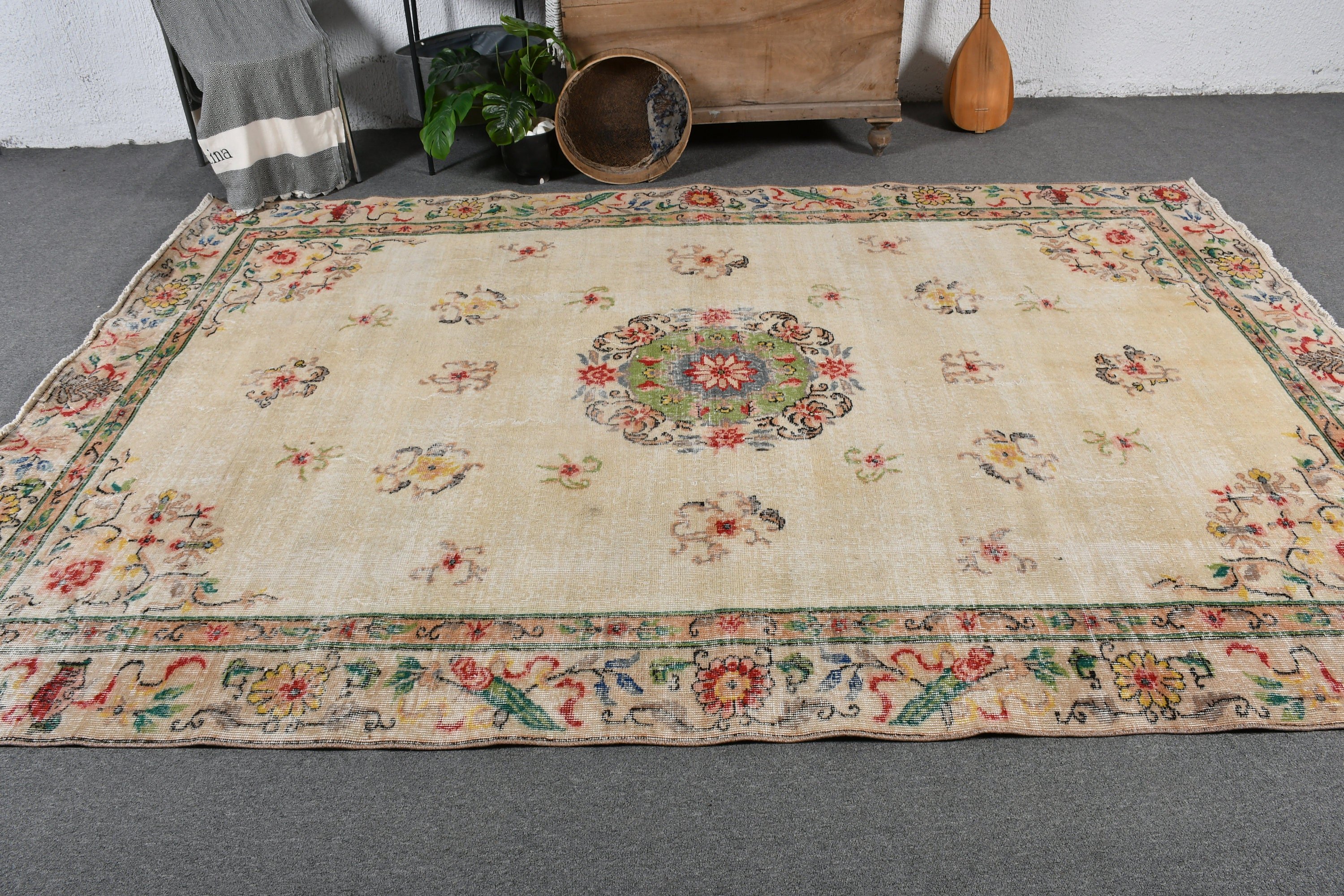 Antique Rug, Beige Antique Rugs, Salon Rugs, Dining Room Rugs, 6.6x9.8 ft Large Rug, Art Rugs, Turkish Rugs, Vintage Rug