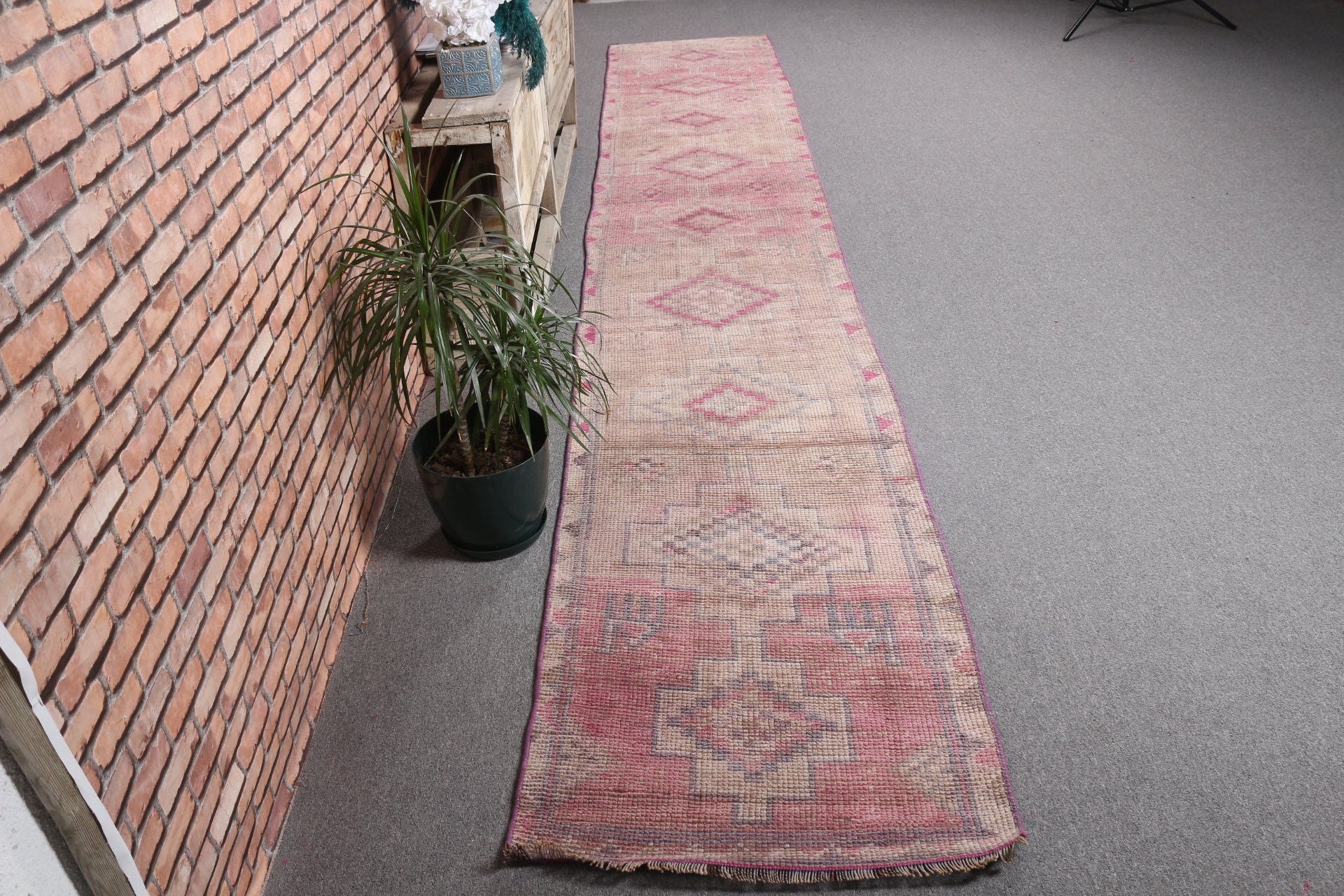 Tribal Rug, 2.4x14.4 ft Runner Rug, Vintage Rug, Turkish Rug, Hallway Rugs, Home Decor Rug, Corridor Rugs, Oushak Rug, Pink Wool Rugs