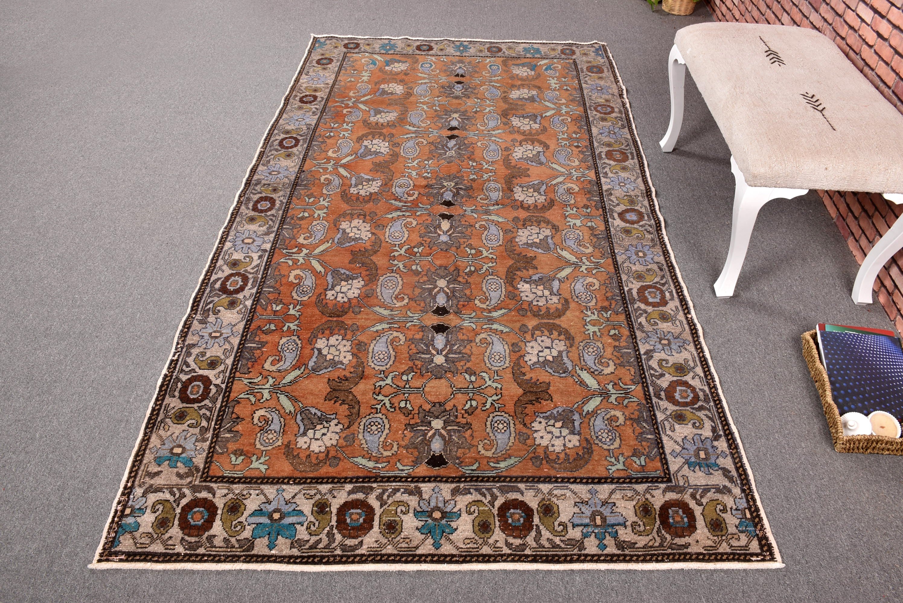 Modern Halılar, Vintage Halı, Yatak Odası Halıları, Yer Halısı, Büyük Vintage Halılar, Turuncu Yatak Odası Halısı, 4.6x8.7 ft Büyük Halı, Türk Halıları