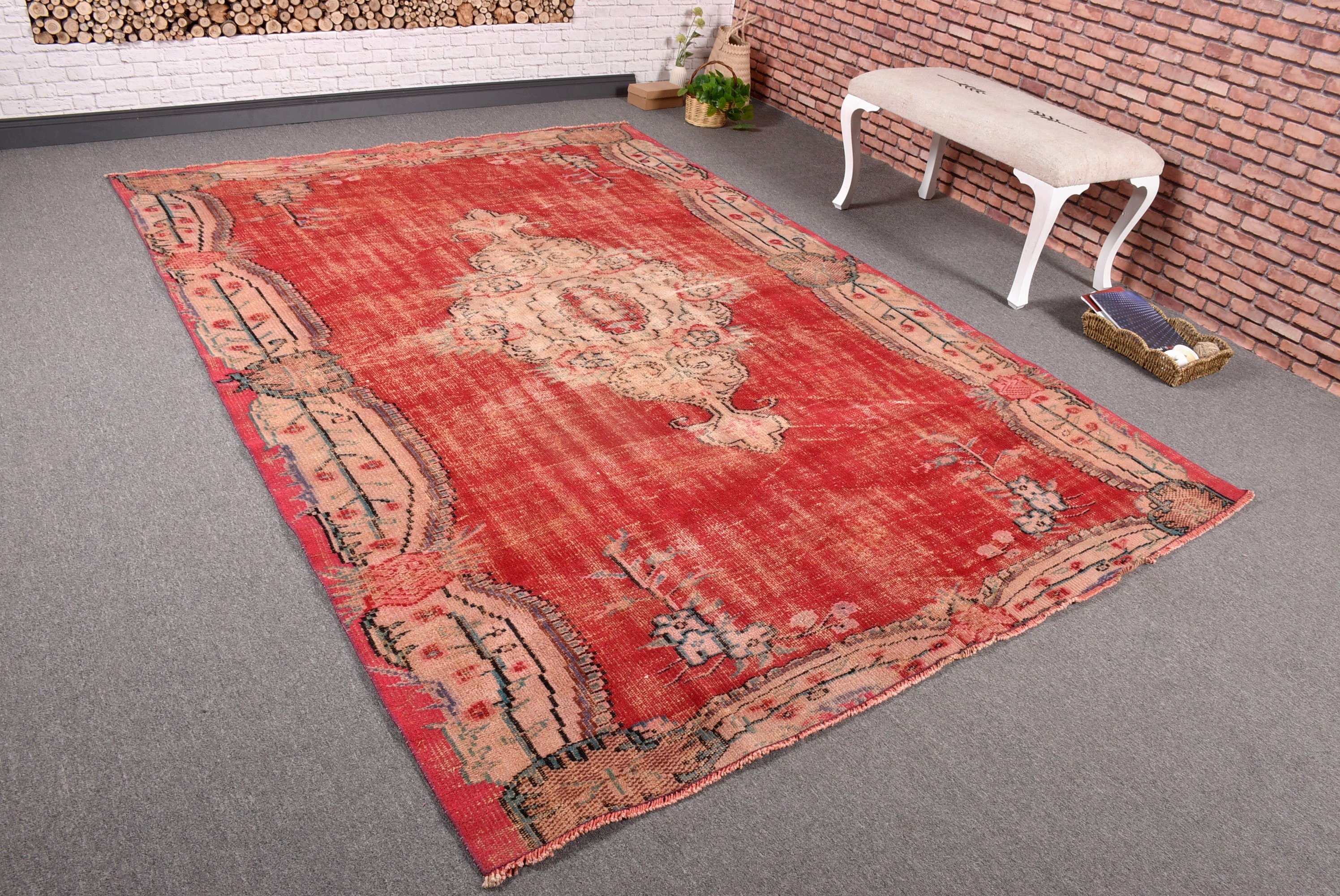 Living Room Rug, Flatweave Rugs, Large Oushak Rug, Vintage Rugs, Cool Rug, Red Geometric Rugs, Turkish Rugs, 6.4x9.2 ft Large Rugs