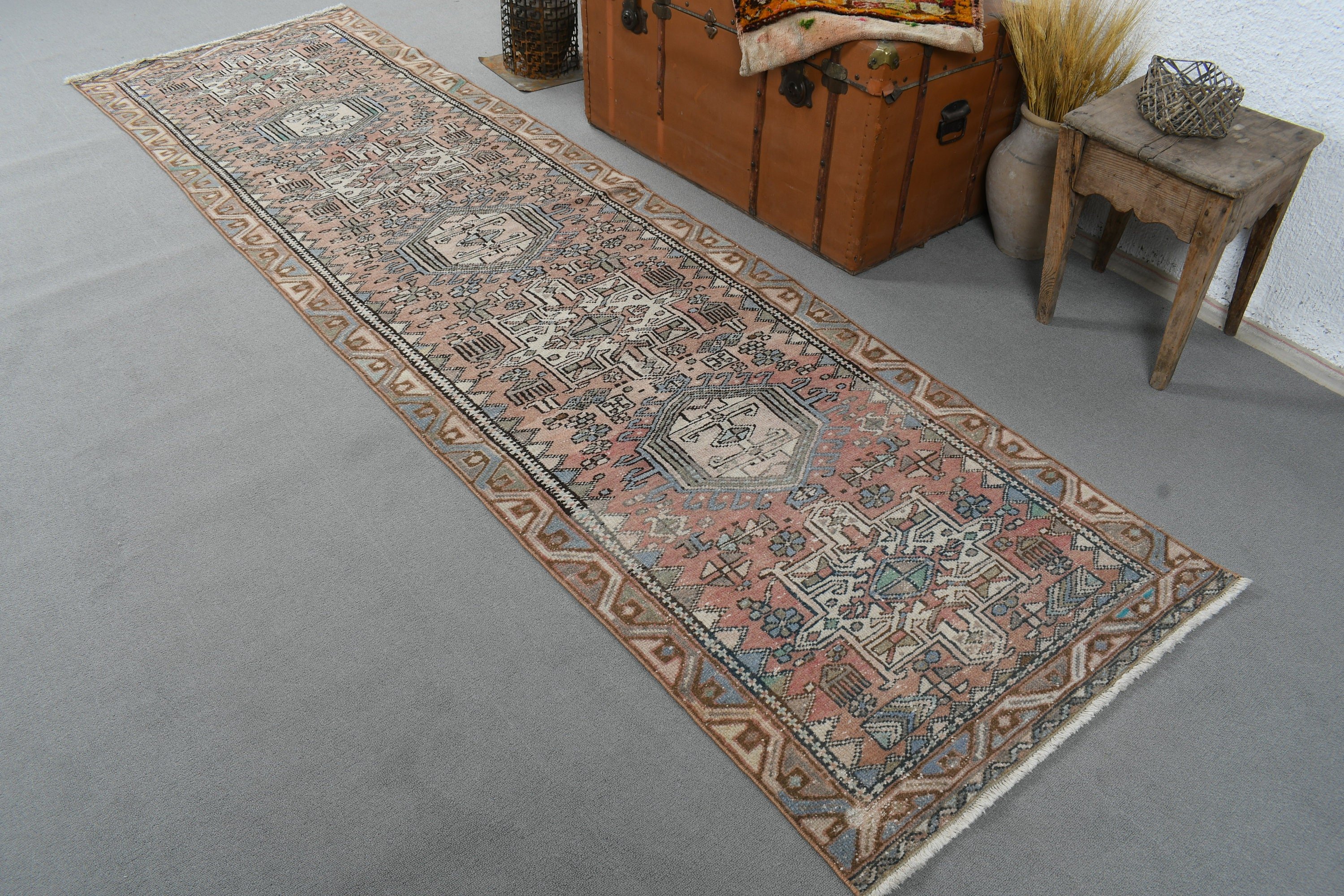 Türk Halısı, Boho Halıları, 2.8x10.5 ft Runner Halısı, Koridor Halıları, Açıklama Halısı, Turuncu Geometrik Halılar, Vintage Halılar, Vintage Runner Halısı