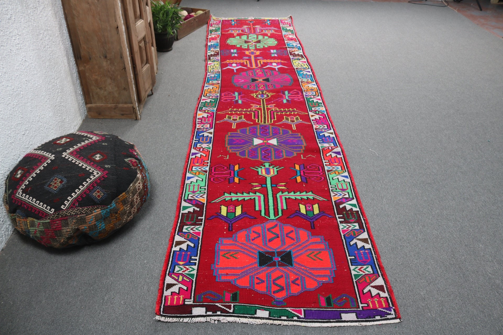 Koridor Halısı, Geometrik Halı, Vintage Halılar, Yün Halılar, Vintage Runner Halısı, Yer Halısı, 3.1x13.3 ft Runner Halıları, Kırmızı Anadolu Halısı, Türk Halısı