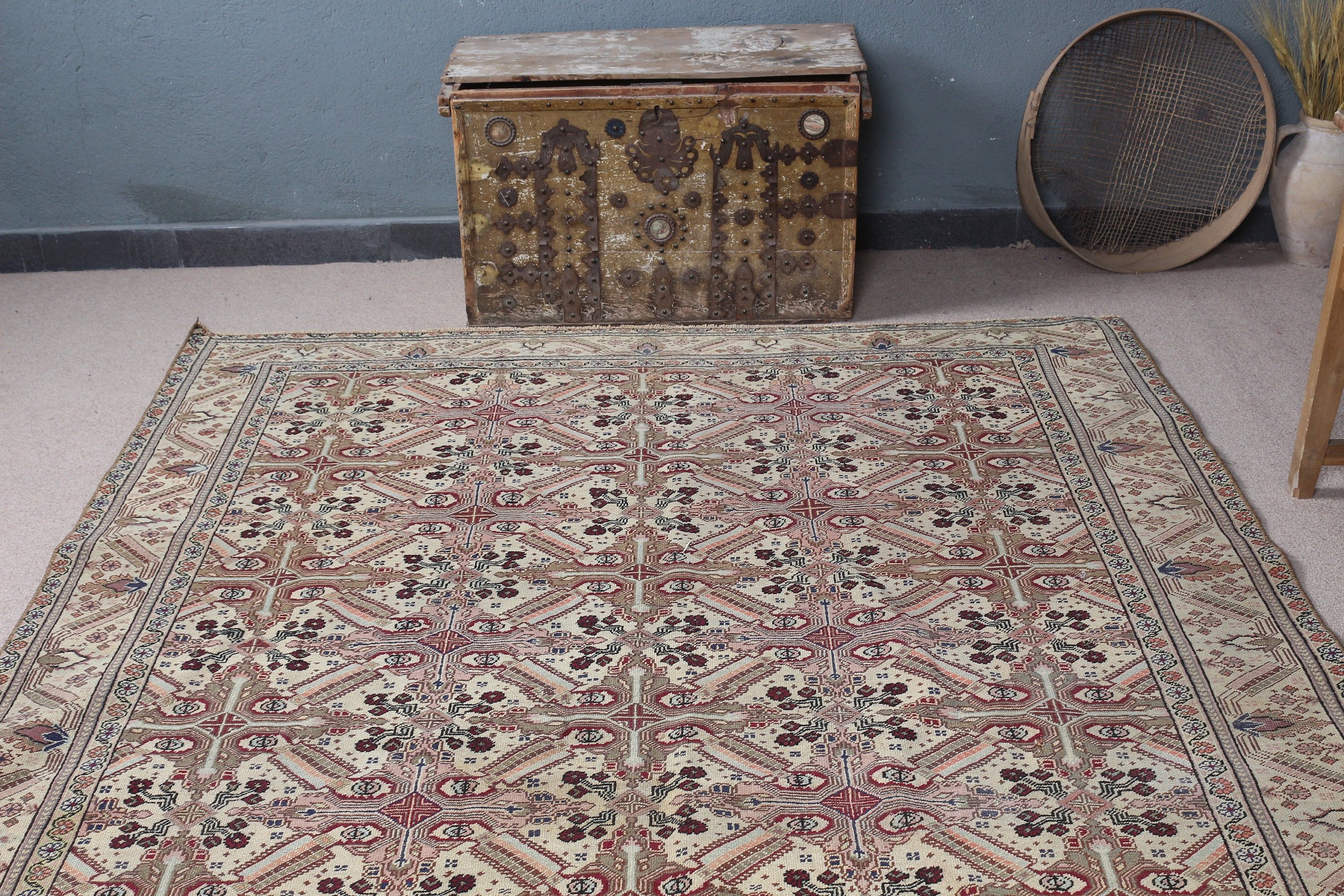 Vintage Halı, Türk Halısı, Oturma Odası Halısı, Yemek Odası Halısı, 6.3x9.4 ft Büyük Halı, Bej Anadolu Halıları, Ev Dekorasyonu Halısı