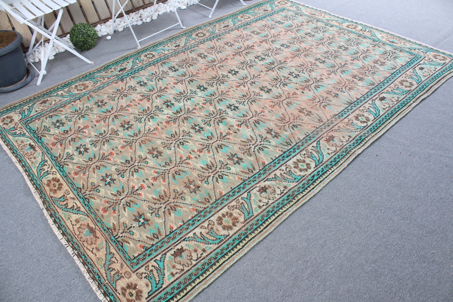 Yemek Odası Halıları, Türk Halıları, Oushak Halıları, Yeşil Oryantal Halı, Oturma Odası Halısı, 6.1x8.9 ft Büyük Halı, Vintage Halılar, Yatak Odası Halısı, Eski Halılar