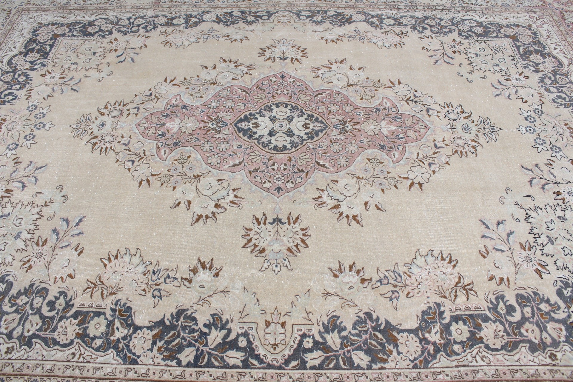 Salon Halısı, Türk Halısı, Salon Halıları, Vintage Halılar, Vintage Dekor Halıları, Yün Halıları, Bej Oushak Halısı, 8.1x11.2 ft Büyük Boy Halı