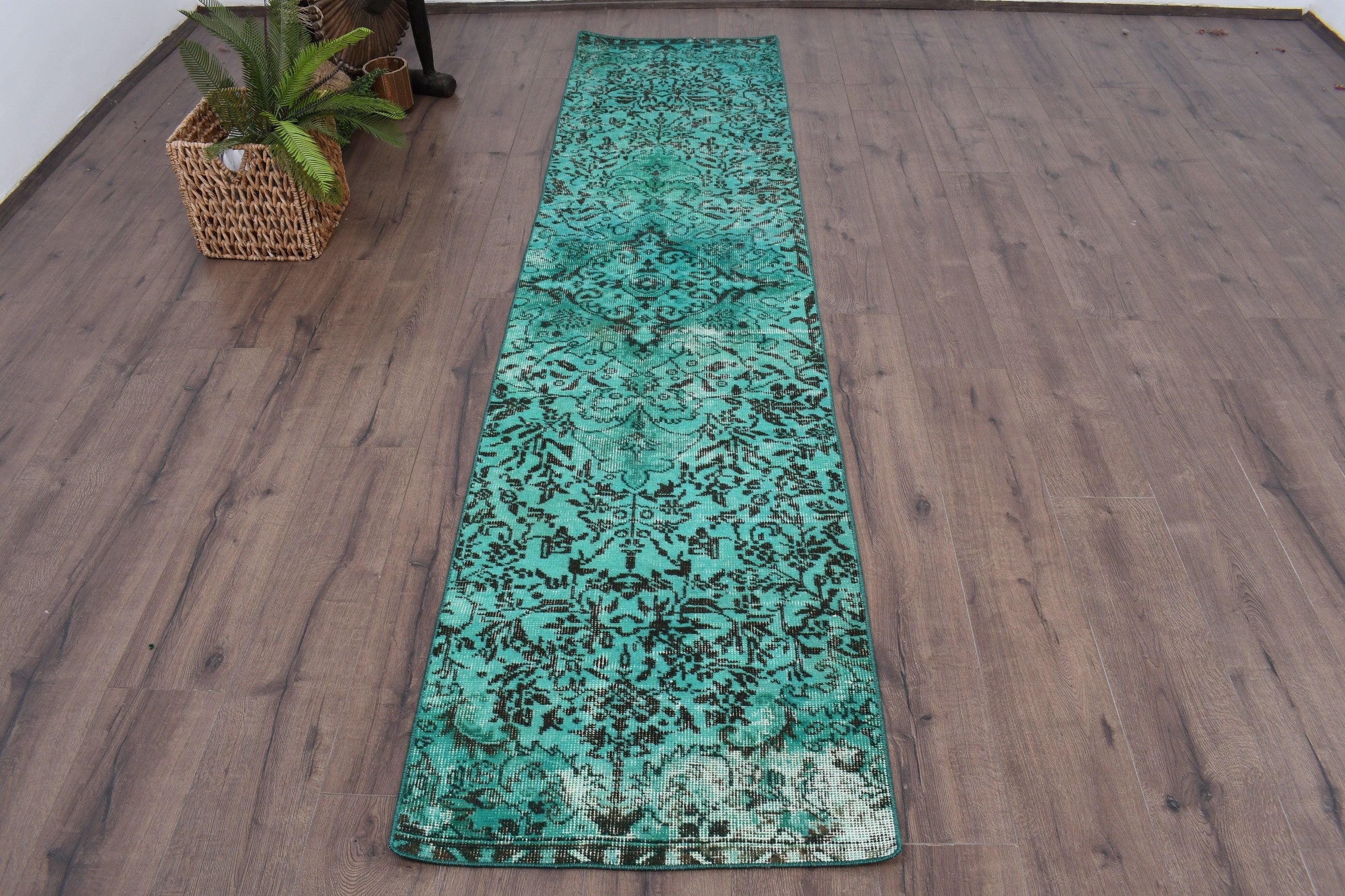 Floor Rug, Vintage Rugs, Kitchen Rug, Bedroom Rug, 2.2x9.1 ft Runner Rug, Rugs for Stair, Green Oriental Rug, Wool Rug, Turkish Rug