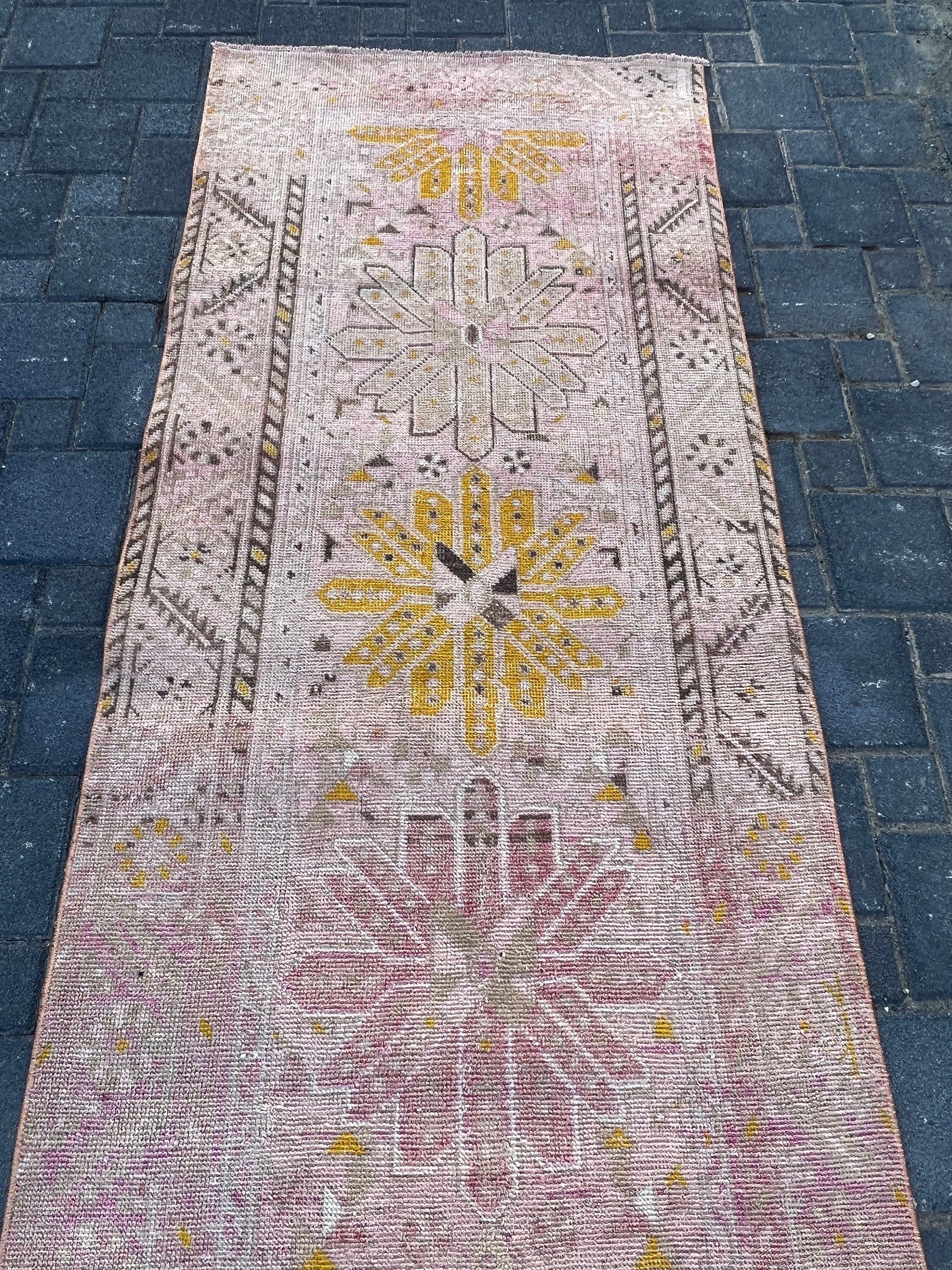 Pembe Yün Halı, Mutfak Halısı, Türk Halıları, Koridor Halıları, Oryantal Halı, Vintage Halı, 3.2x11.8 ft Yolluk Halısı, Yün Halıları, Merdiven Halıları