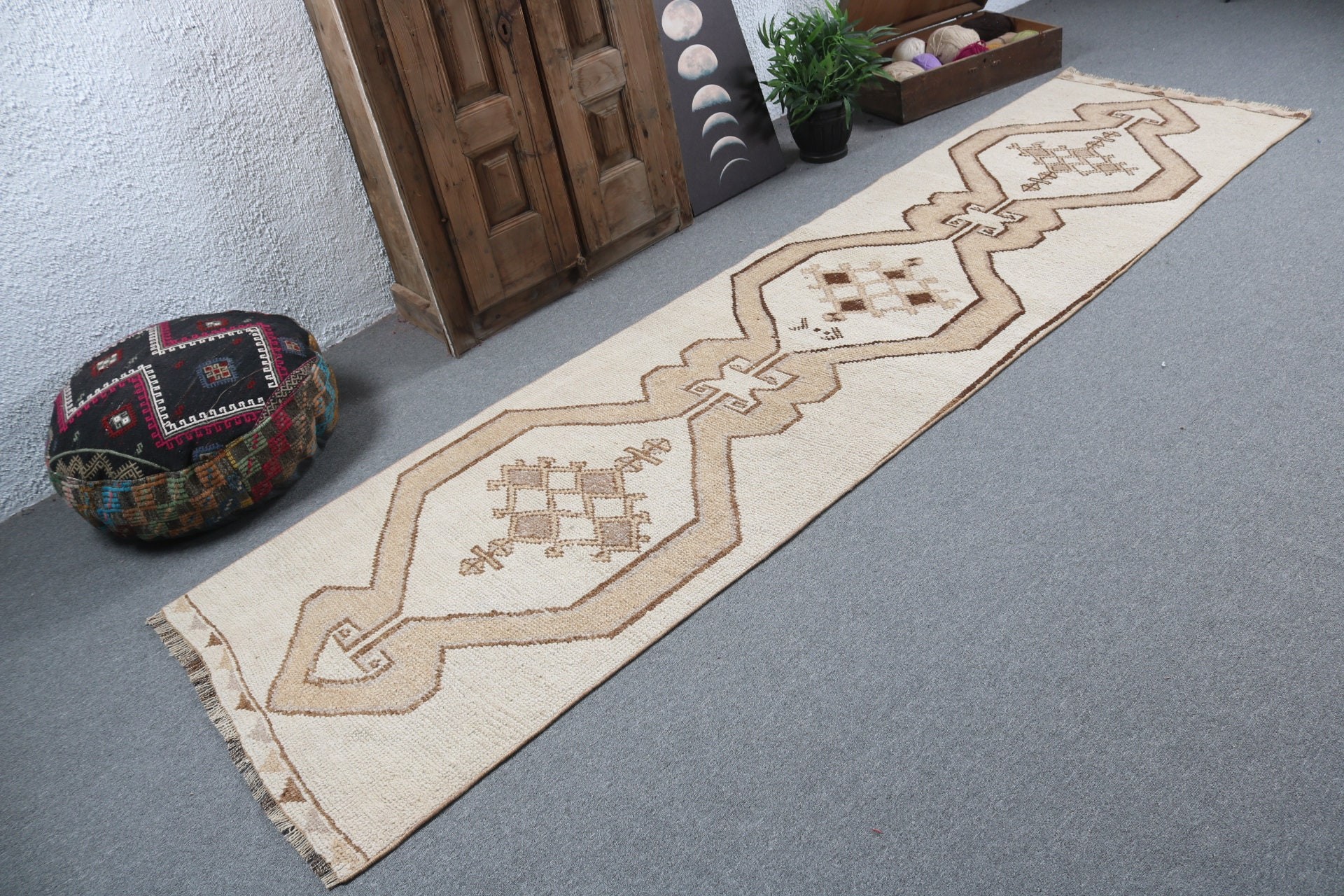 Rugs for Stair, Beige Geometric Rug, Vintage Runner Rugs, Bedroom Rugs, Vintage Rug, Floor Rug, 2.9x10.9 ft Runner Rugs, Turkish Rug