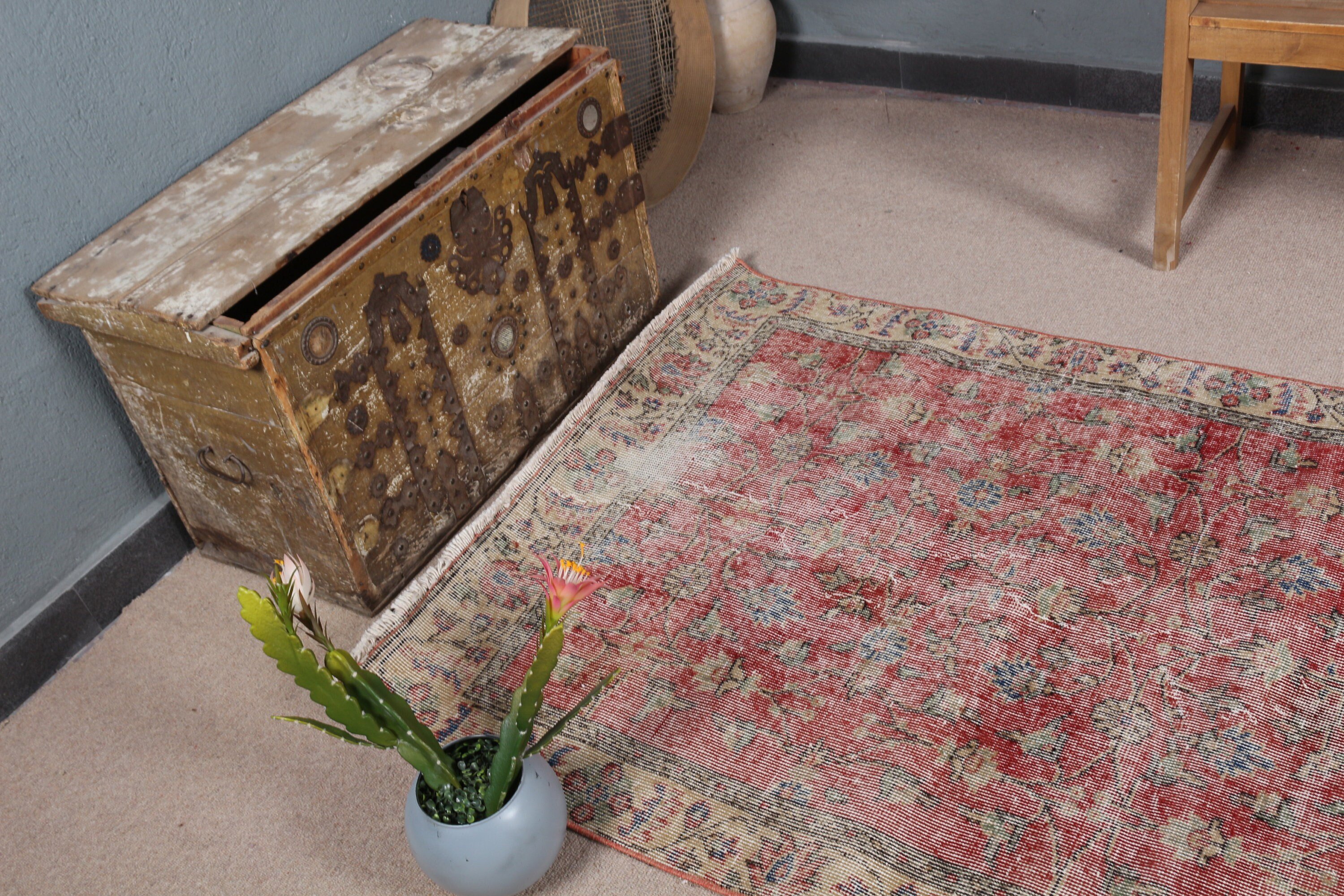 Red Home Decor Rugs, Vintage Rug, Kitchen Rug, 3.6x6.6 ft Accent Rugs, Nursery Rugs, Oriental Rug, Wool Rugs, Abstract Rug, Turkish Rug