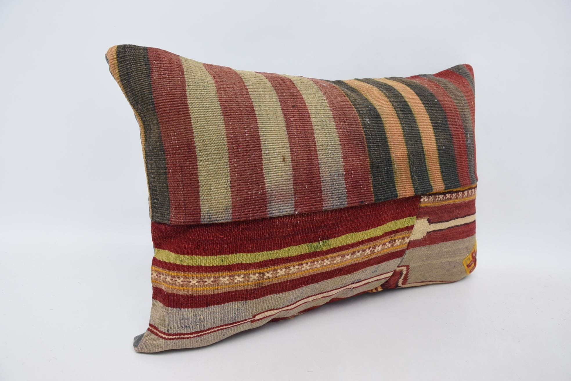 Ethnical Kilim Rug Pillow, 16"x24" Red Pillow Cover, Boho Pillow, Turkish Corner Cushion, Pillow for Couch, Knitted Pillow Cover