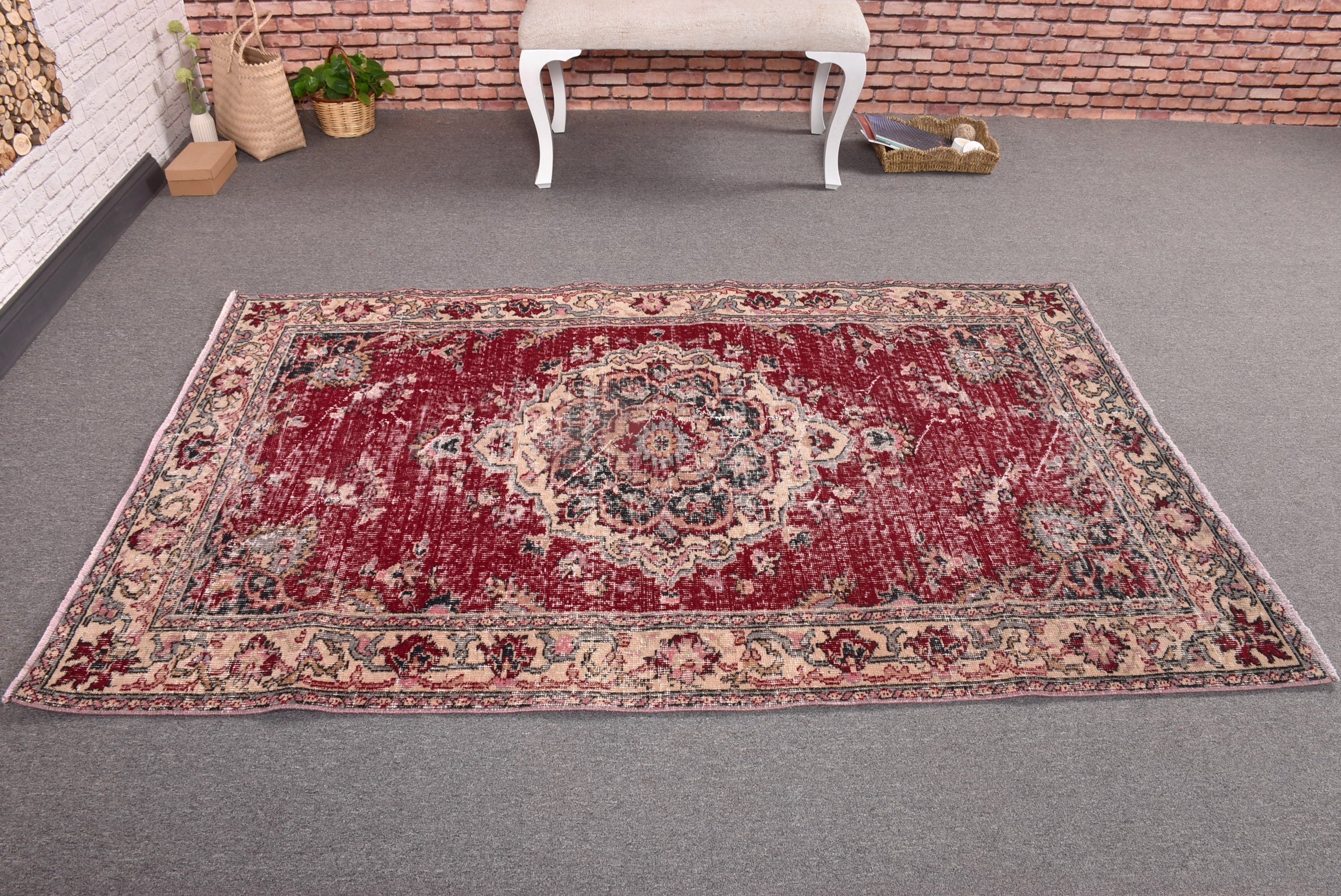 Boho Halılar, Vintage Halılar, İç Mekan Halıları, Türk Halıları, 4,1x6,6 ft Alan Halısı, Geometrik Halı, Boho Alan Halıları, Alan Halıları, Kırmızı Yer Halıları