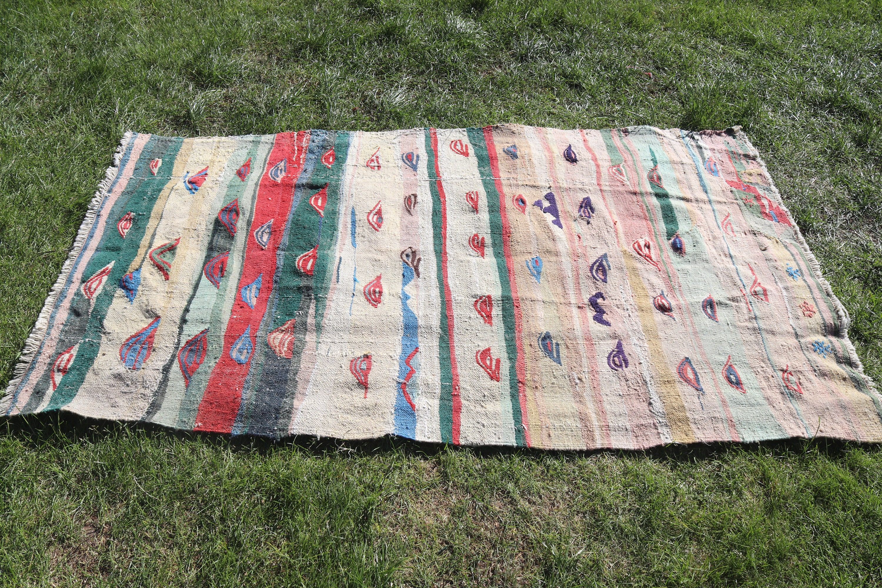 Dekoratif Halılar, Bej Antika Halı, 3,5x5,9 ft Vurgulu Halılar, Düz Dokuma Halı, Boho Vurgulu Halı, Vintage Halılar, Lüks Halılar, Türk Halıları