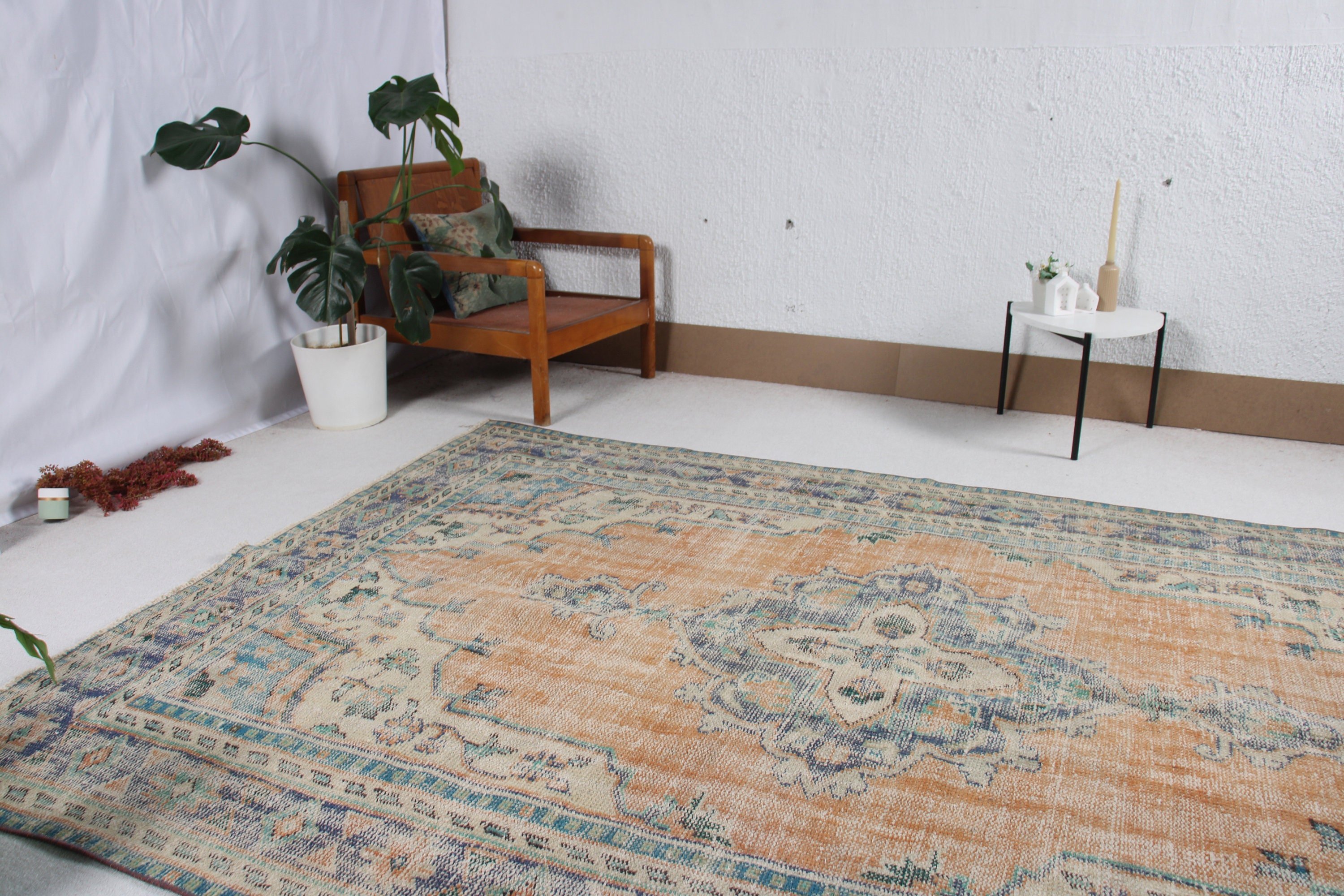 Büyük Boho Halılar, Vintage Halılar, Boho Halı, Modern Halılar, 6,3x9,4 ft Büyük Halı, Türk Halıları, Turuncu Nötr Halı, Büyük Vintage Halılar