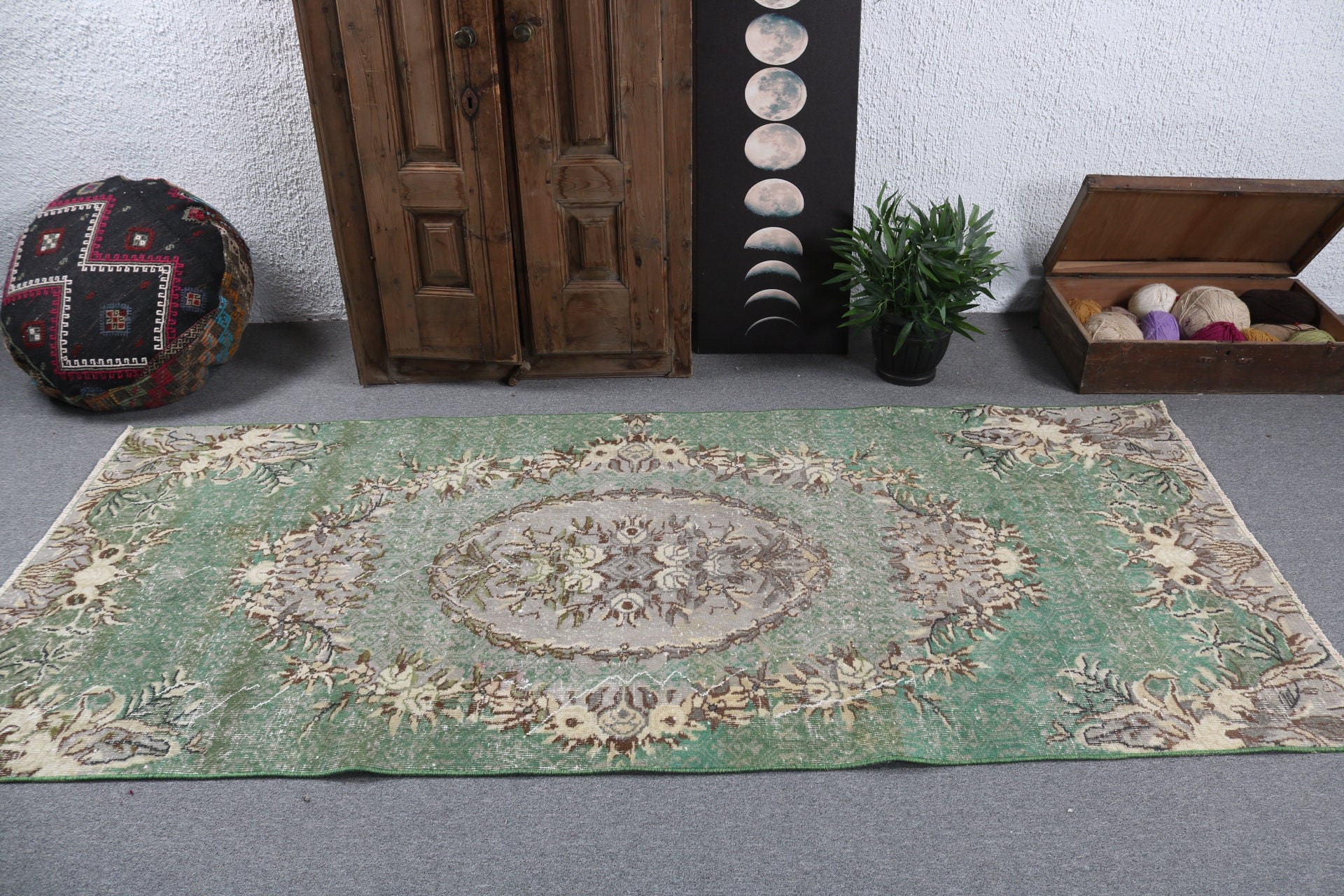 Türk Halısı, Sanatsal Halı, Vintage Halı, Geometrik Halılar, Alan Halıları, 3,7x8,4 ft Alan Halısı, Boho Alan Halısı, Yatak Odası Halısı, Yeşil Oryantal Halı