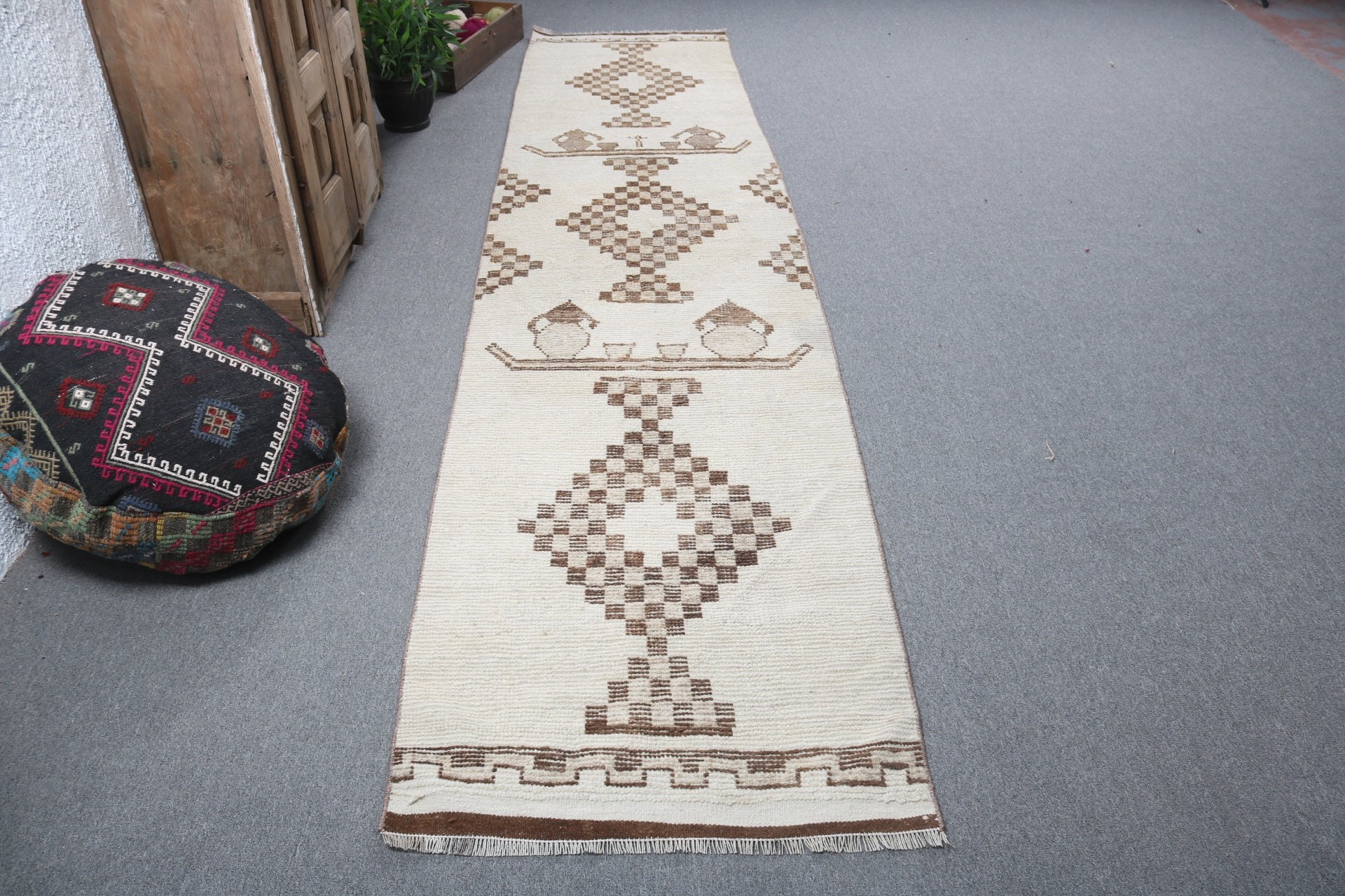 Oushak Rugs, 2.7x12.6 ft Runner Rugs, Vintage Rugs, Hallway Rugs, Beige Handwoven Rug, Geometric Rug, Turkish Rug, Vintage Runner Rug