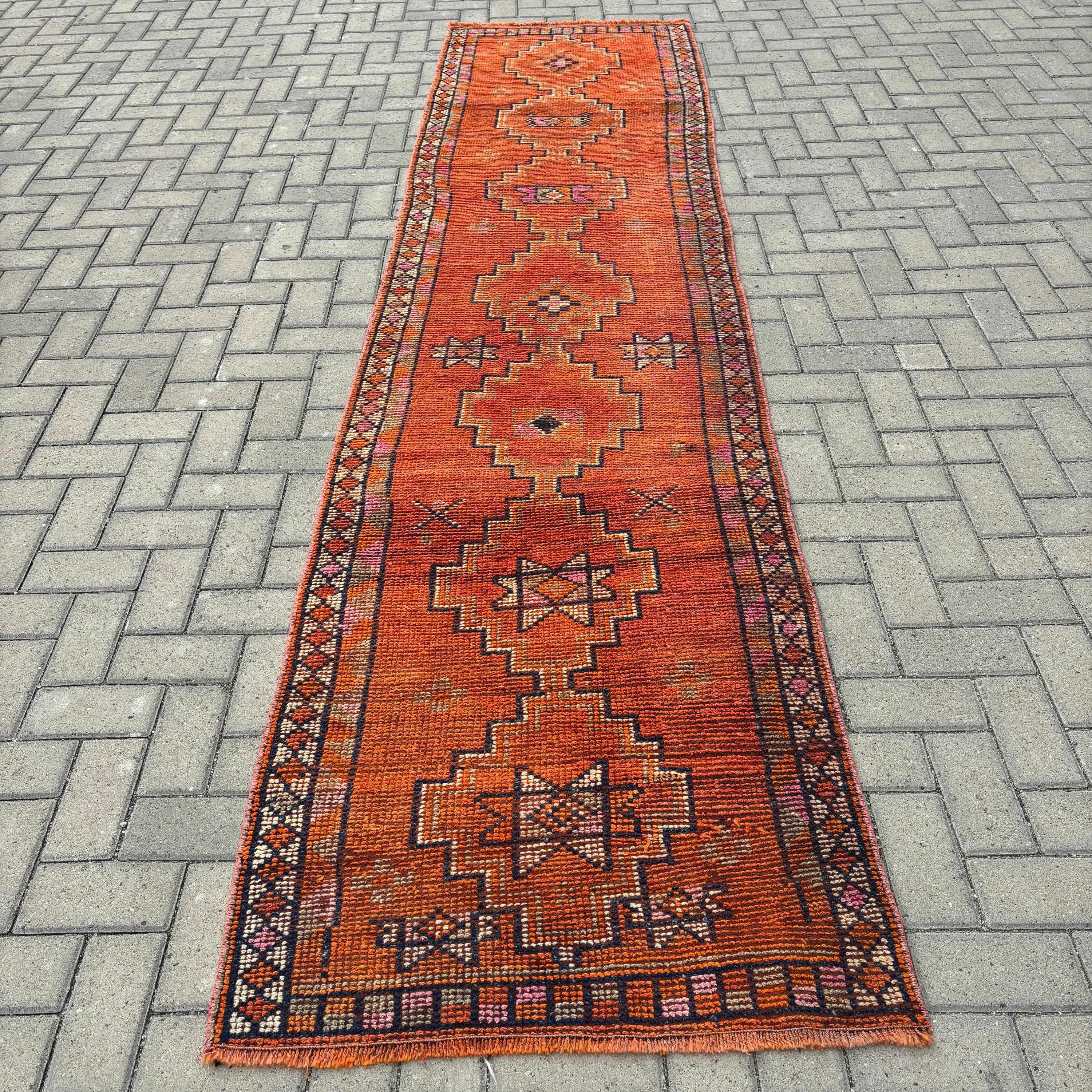 Turkish Rugs, Corridor Rugs, Antique Rugs, Vintage Runner Rug, Orange Kitchen Rugs, Vintage Rugs, Modern Rug, 2.8x11.6 ft Runner Rug