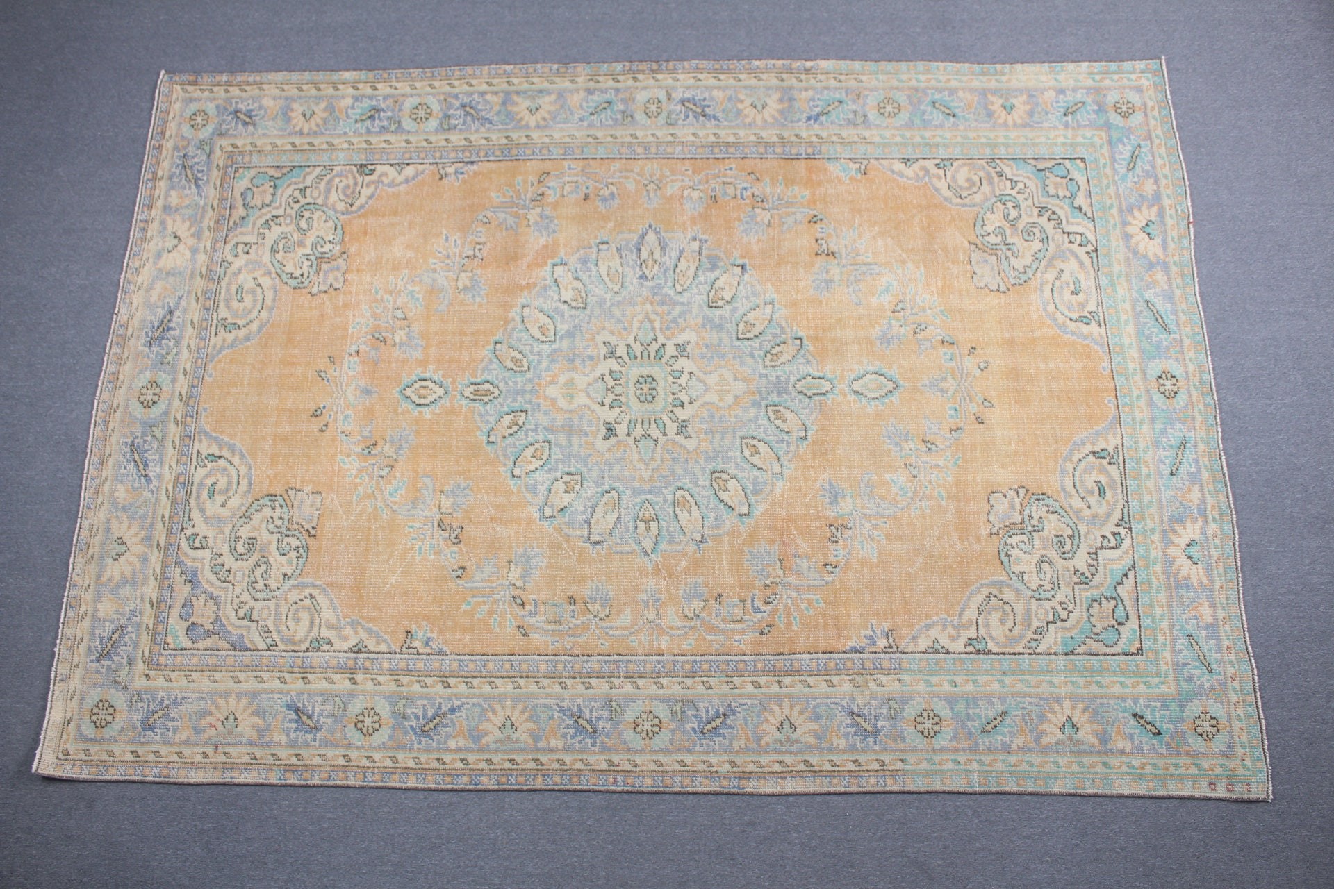 Vintage Halılar, Tasarımcı Halısı, Salon Halısı, Antika Halı, Oushak Halısı, Turuncu Oushak Halısı, Yemek Odası Halısı, 7.3x10.5 ft Büyük Boy Halı, Türk Halısı