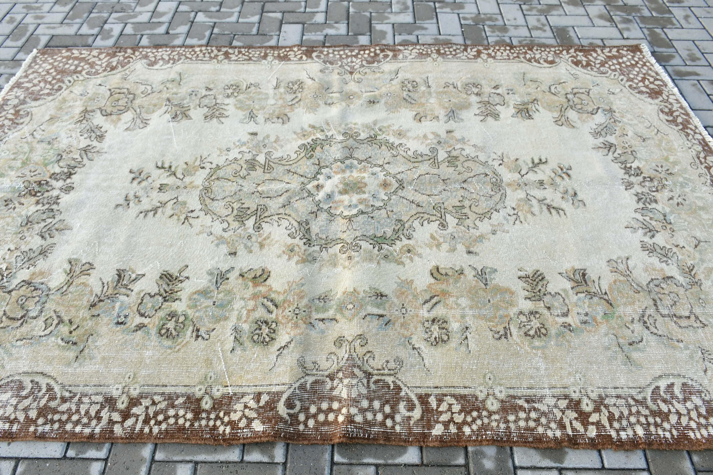 Türk Halıları, Oturma Odası Halısı, Salon Halısı, Organik Halı, Bej Ev Dekorasyonu Halısı, 5.6x8.7 ft Büyük Halı, Vintage Halı, Ev Dekorasyonu Halıları, Oushak Halısı