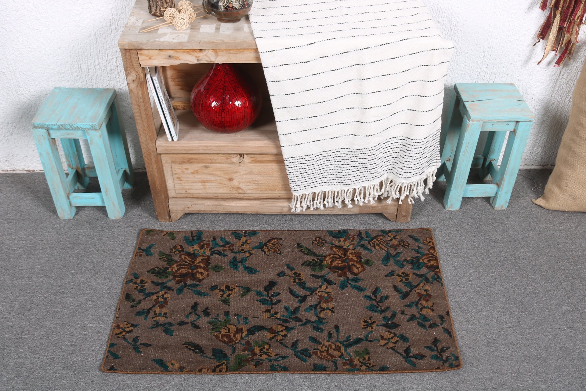 Brown Floor Rug, 1.7x3 ft Small Rug, Nursery Rug, Turkish Rugs, Rugs for Car Mat, Vintage Rug, Bath Rugs, Home Decor Rug