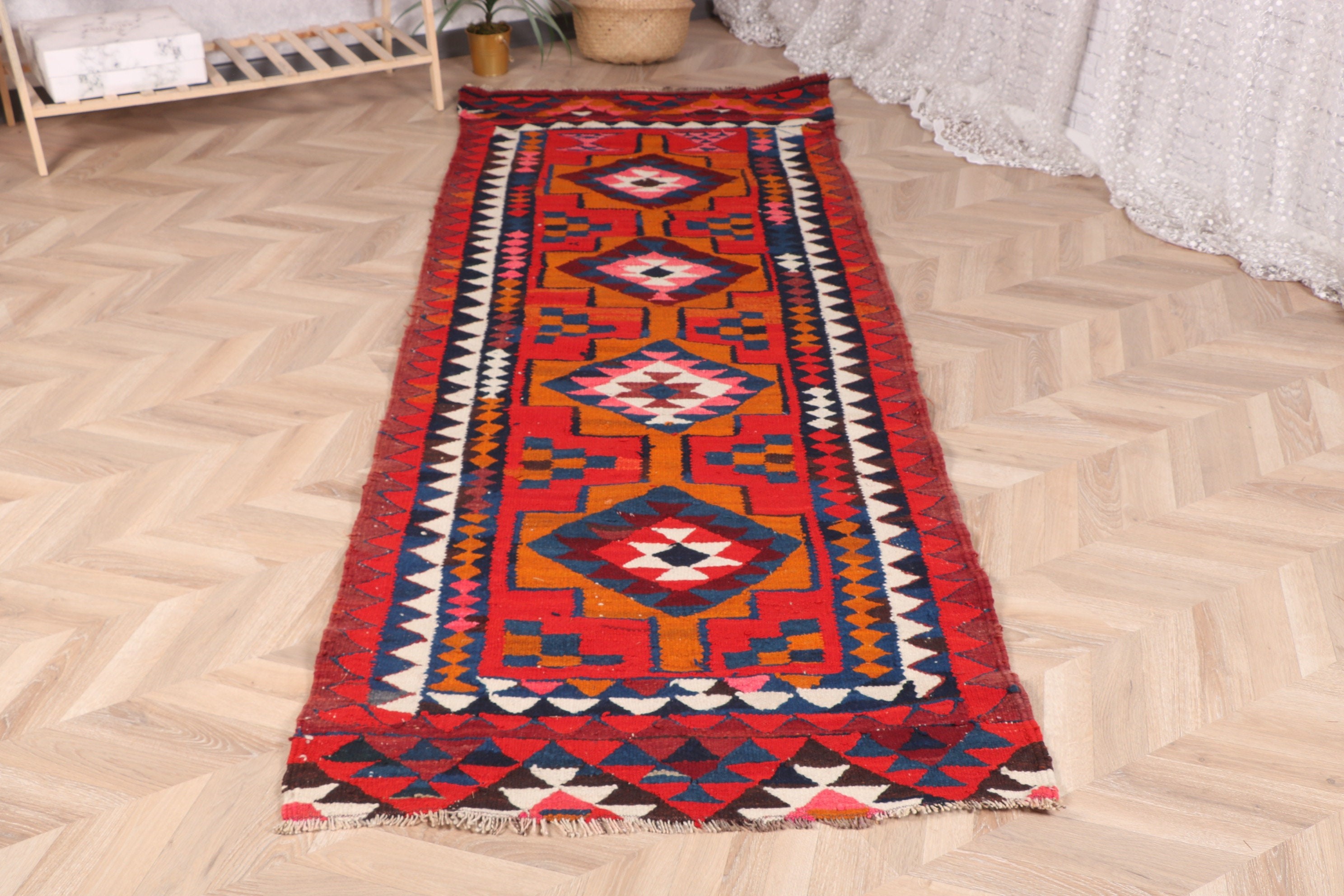 Kırmızı Oushak Halılar, Yün Halılar, Mutfak Halıları, Türk Halıları, Yolluk Halıları, 3.1x8.9 ft Yolluk Halısı, Vintage Halı, Uzun Yolluk Halısı