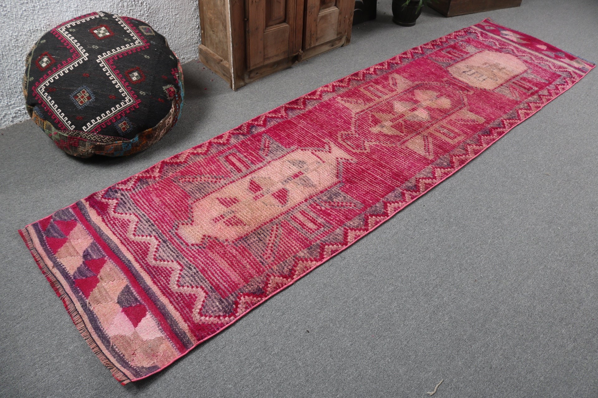 Uzun Koşucu için Halılar, 2.6x10.2 ft Runner Halıları, Mutfak Halıları, Vintage Halı, Türk Halıları, Geometrik Halı, Pembe Geometrik Halılar, Yer Halısı