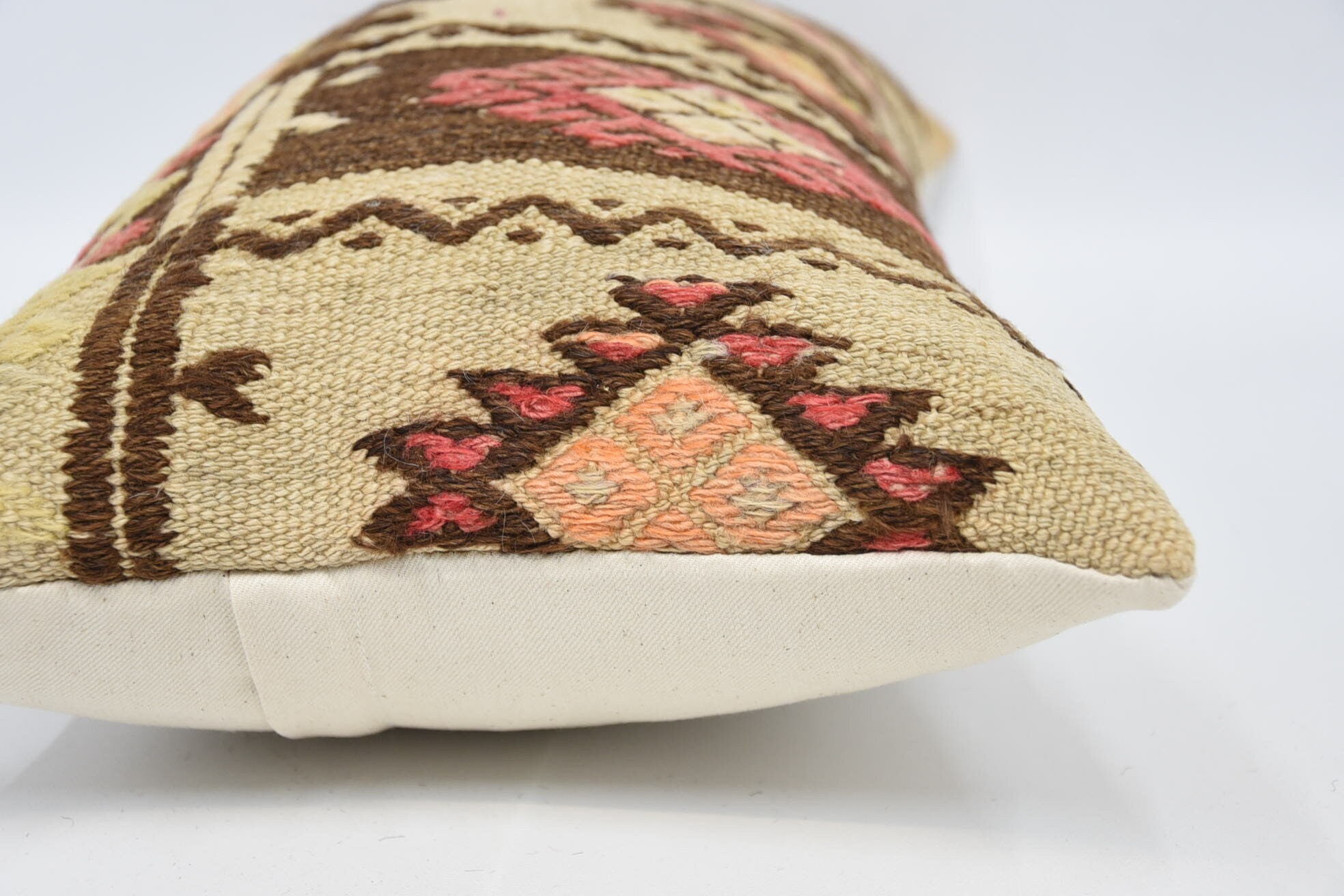 Ethnical Kilim Rug Pillow, Accent Pillow Sham, Interior Designer Pillow, 12"x24" Beige Pillow Cover, Throw Kilim Pillow