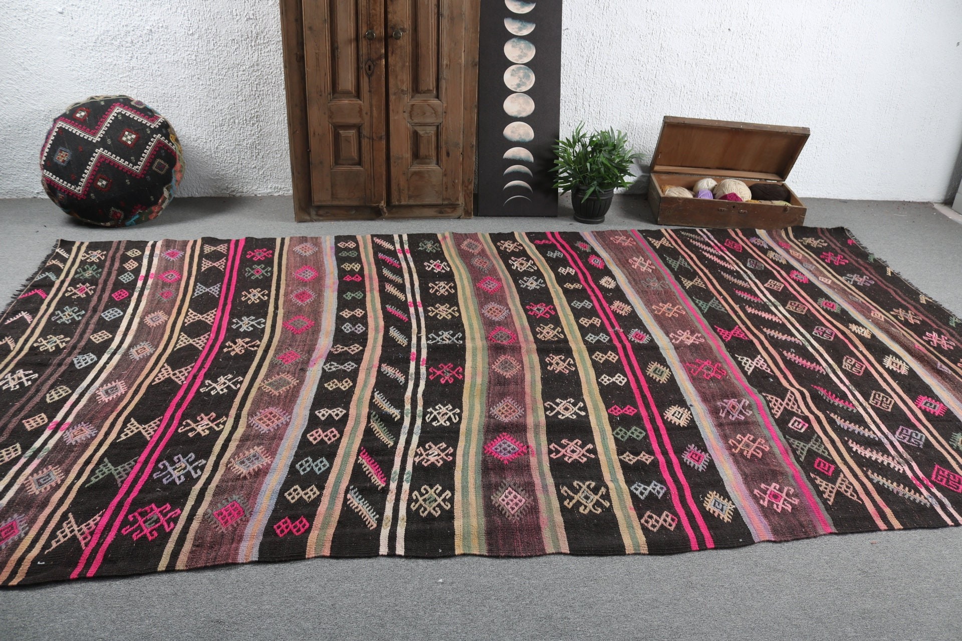 6.9x12.3 ft Oversize Rugs, Vintage Rug, Kilim, Turkish Rug, Neutral Rugs, Home Decor Rugs, Black Bedroom Rug, Dining Room Rugs, Salon Rugs