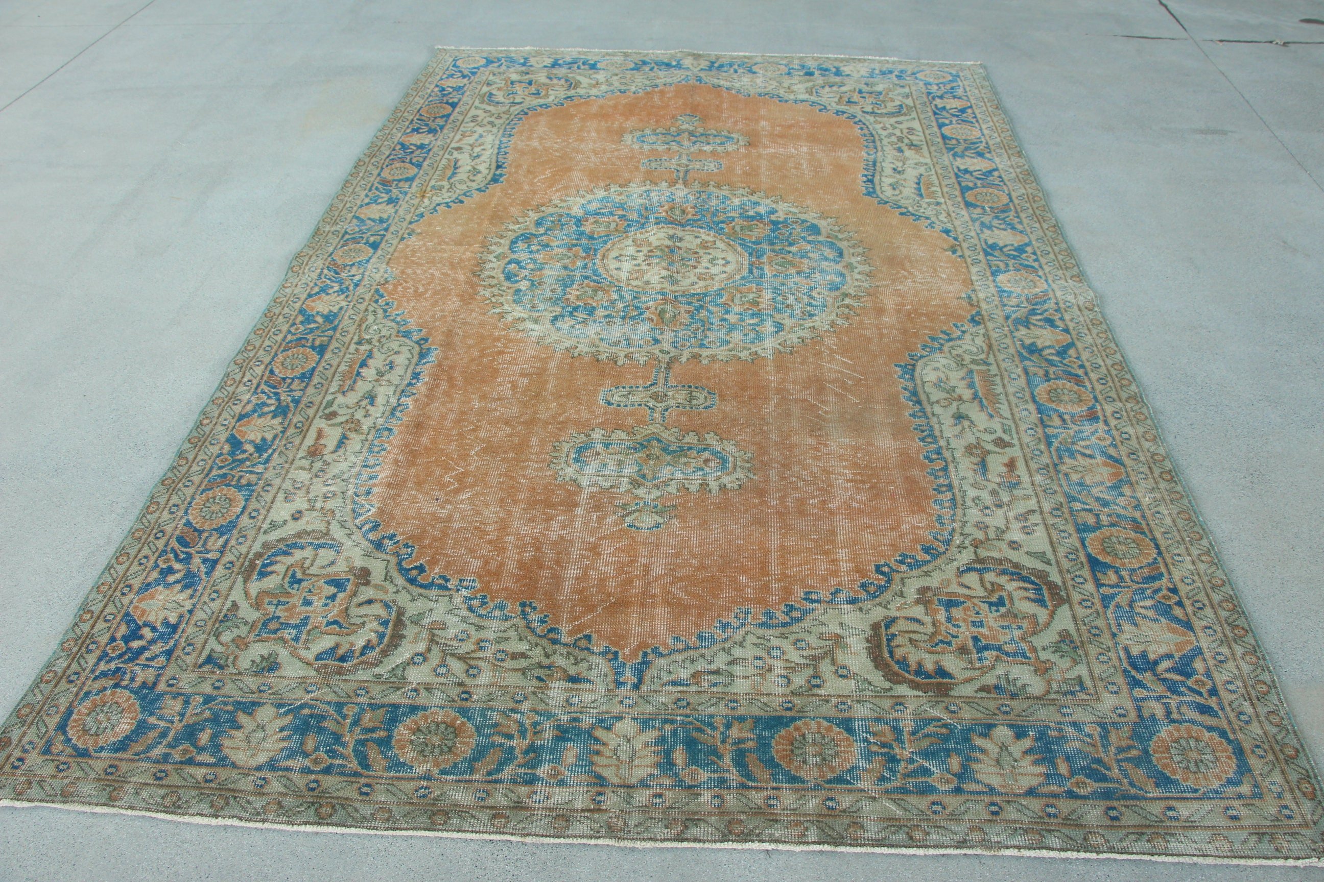 Mavi Oushak Halıları, Türk Halısı, Vintage Halı, Yemek Odası Halıları, 6.6x10.1 ft Büyük Halılar, Anadolu Halısı, Büyük Vintage Halılar, Modern Halılar