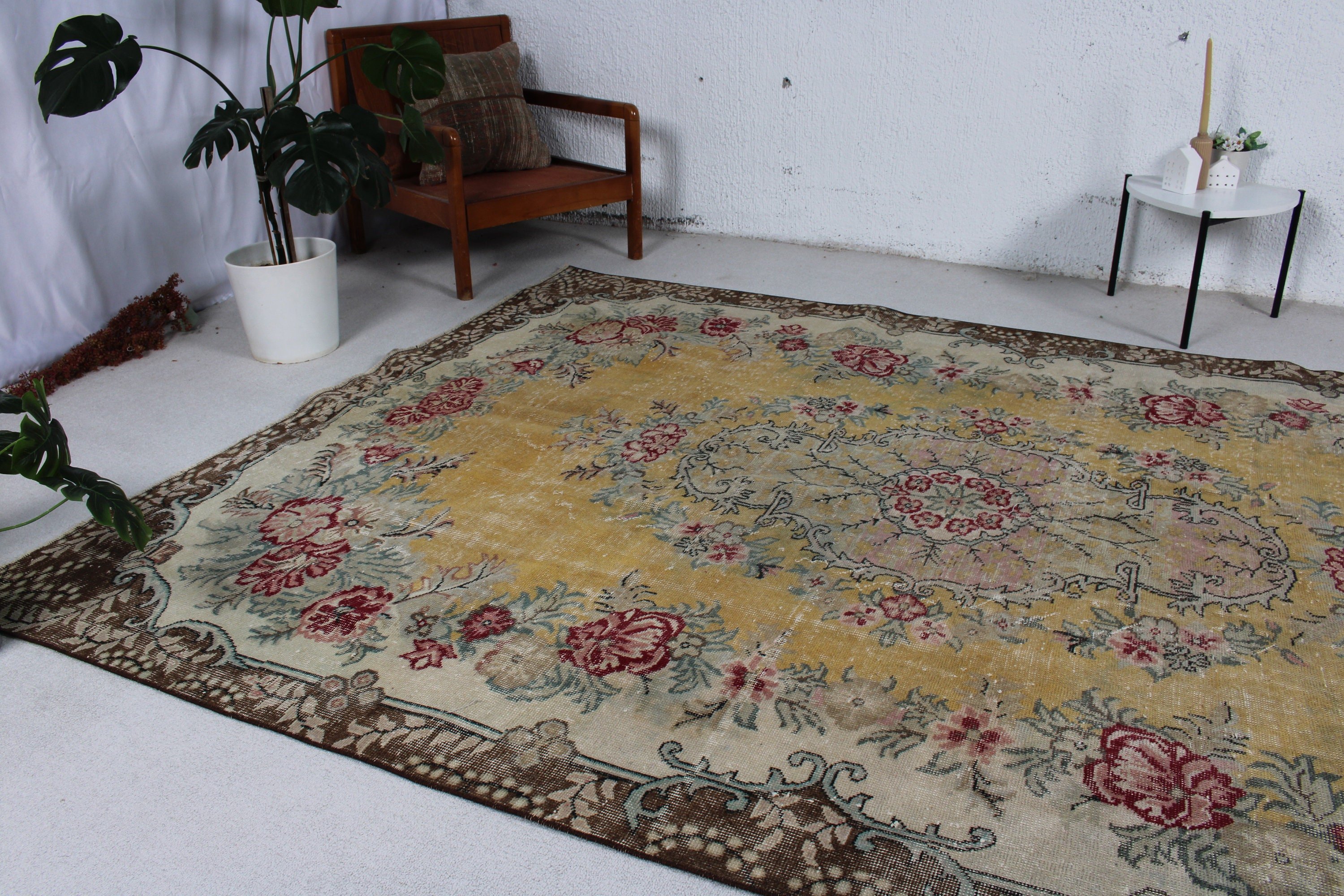 6.7x10 ft Büyük Halı, Vintage Halı, Geometrik Halılar, Türk Halıları, Oushak Halısı, Kahverengi Fas Halısı, Büyük Oushak Halıları, Büyük Boho Halısı