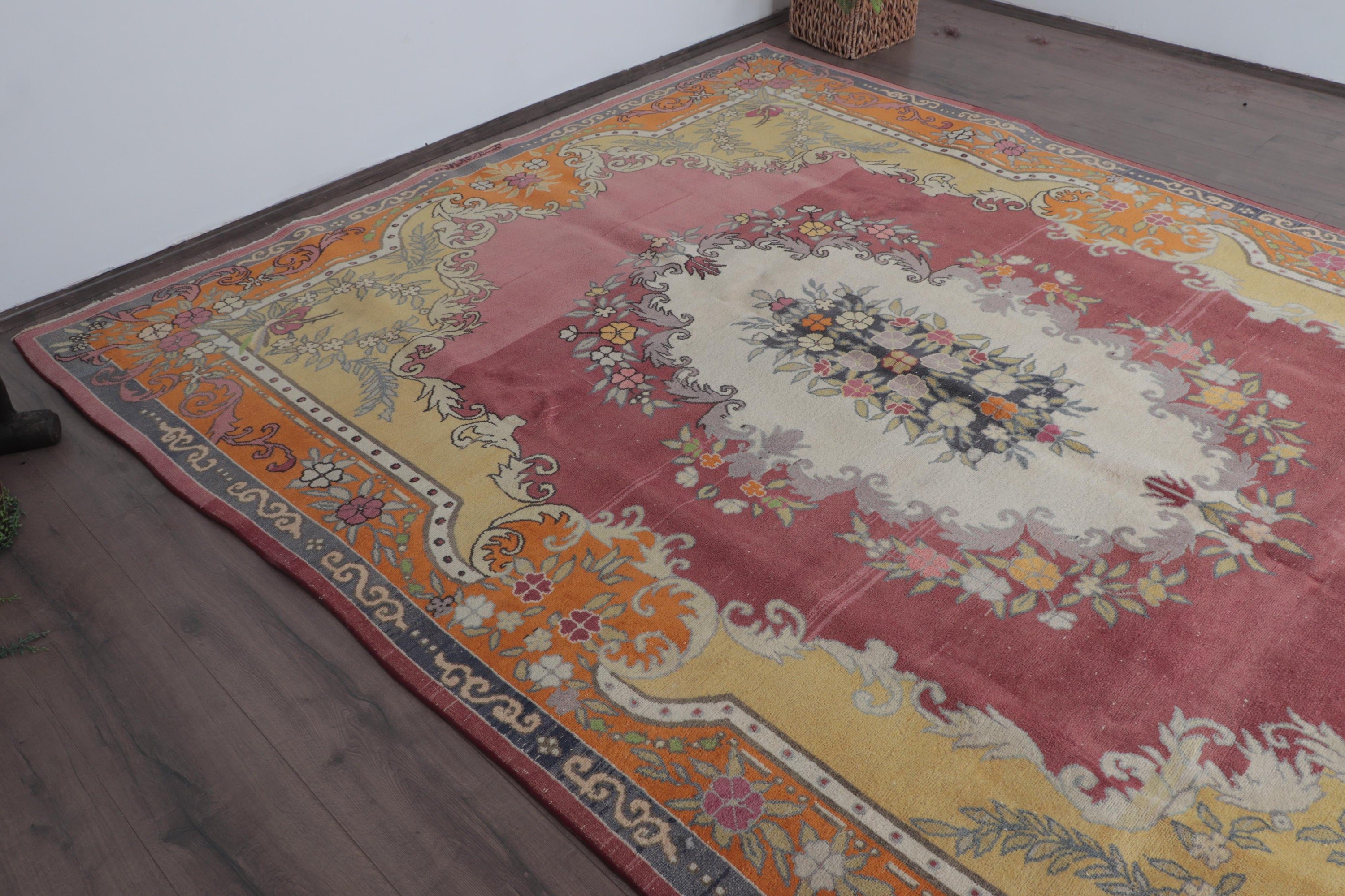 Boho Halı, Sarı Antika Halı, Nötr Halılar, Büyük Boy Türk Halısı, 7.3x9.7 ft Büyük Boy Halılar, Türk Halıları, Vintage Halılar, Yemek Odası Halısı