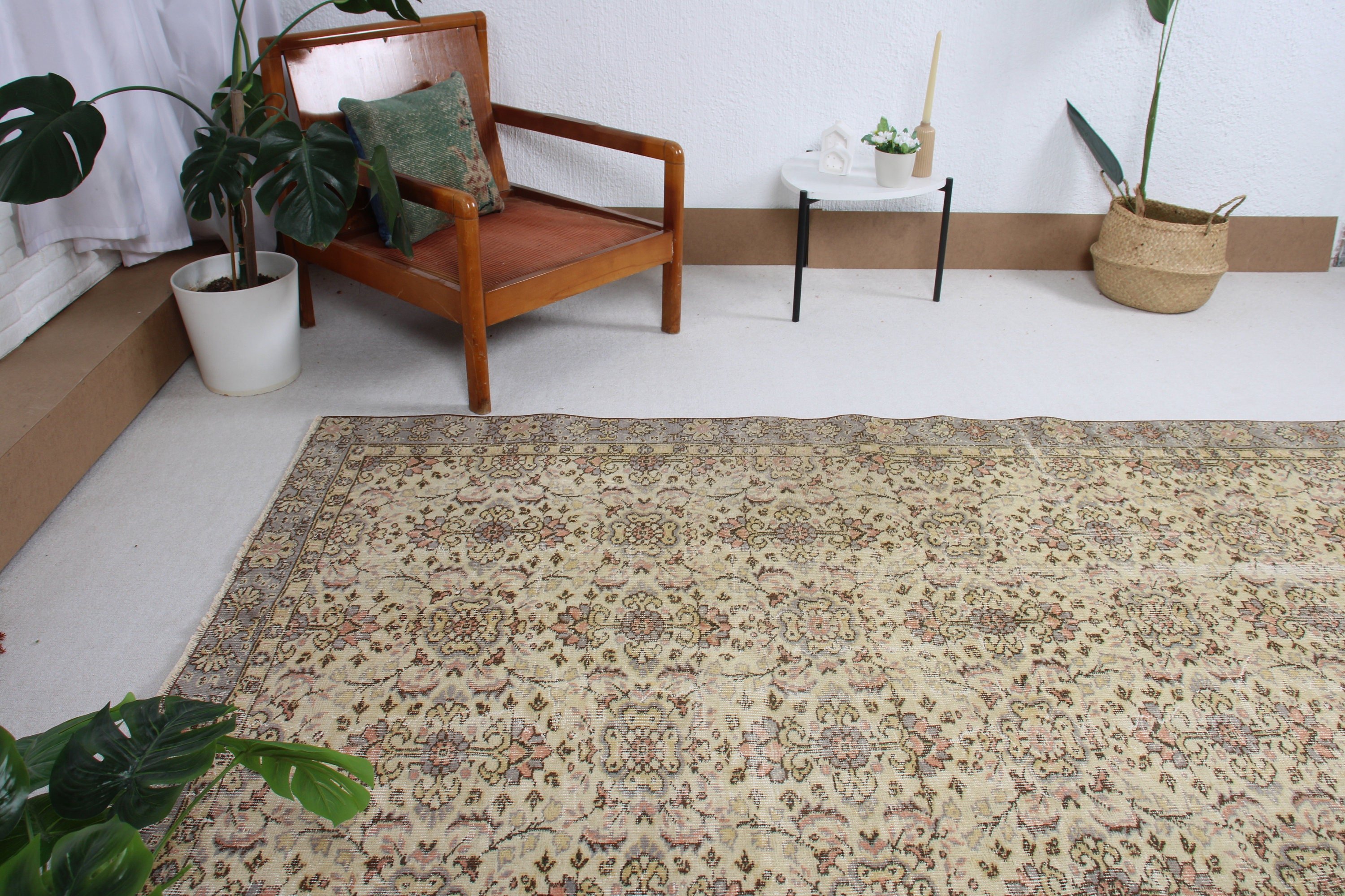 Vintage Rug, Beige Kitchen Rug, Modern Rugs, Rugs for Kitchen, Floor Rug, Dining Room Rug, Turkish Rugs, Oushak Rugs, 4.9x8 ft Area Rug