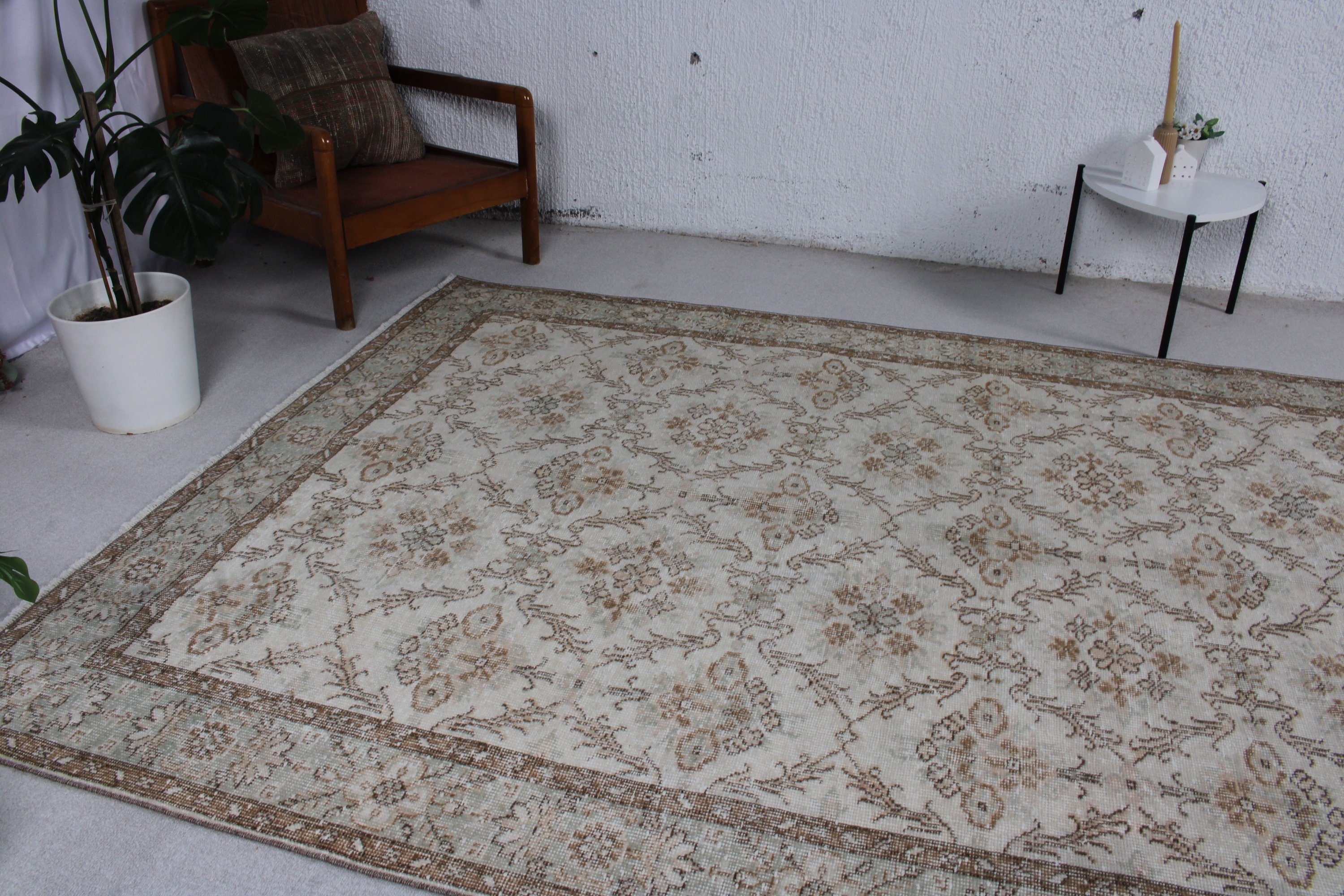 Yer Halısı, Bej Nötr Halı, Yemek Odası Halısı, Türk Halısı, Büyük Oushak Halısı, Vintage Halı, Düz Dokuma Halılar, 6.1x9.7 ft Büyük Halı, Boho Halısı