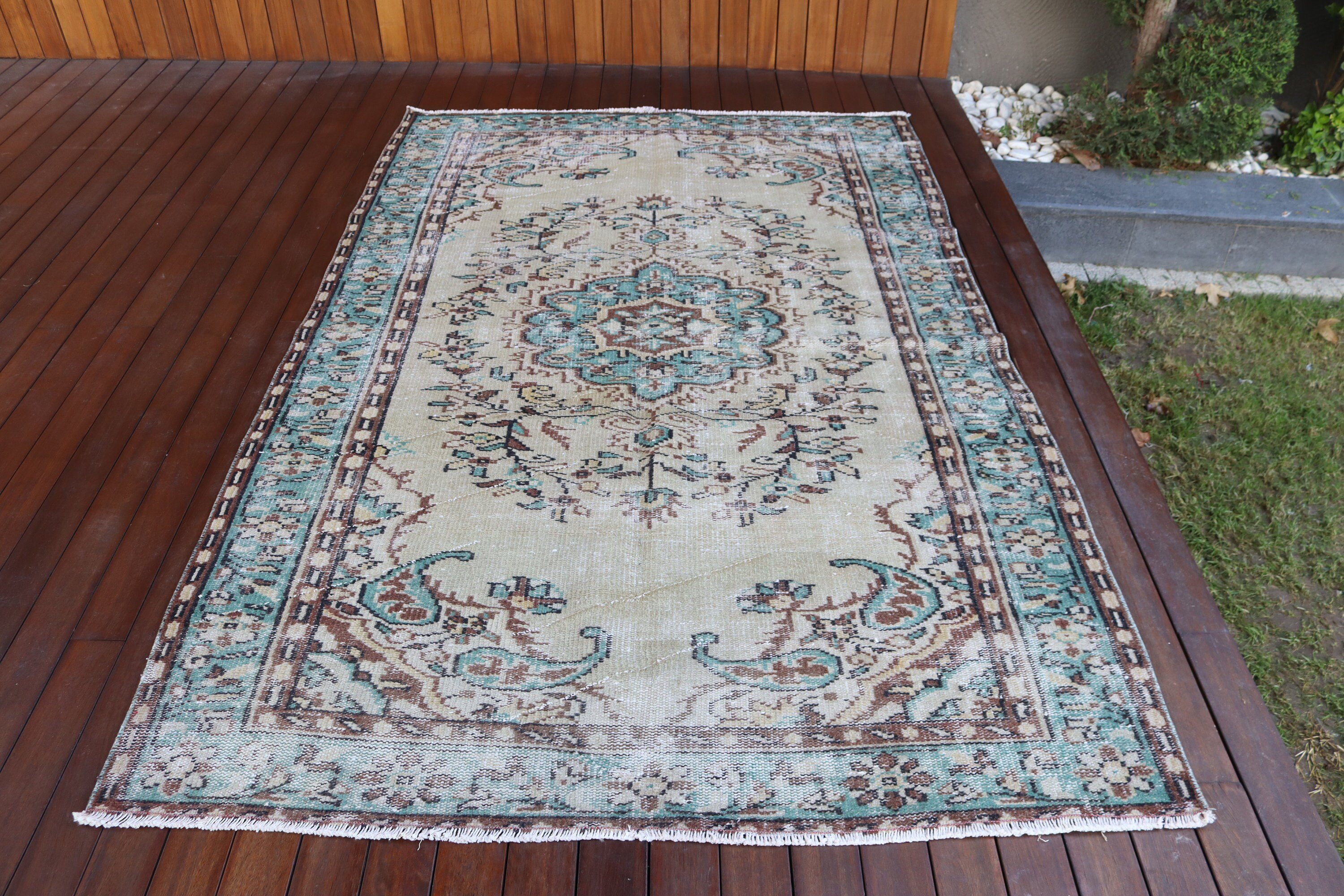 5.1x7.8 ft Area Rug, Vintage Rugs, Oushak Rug, Green Floor Rug, Turkish Rug, Rugs for Bedroom, Neutral Rugs, Nursery Rug, Vintage Area Rug